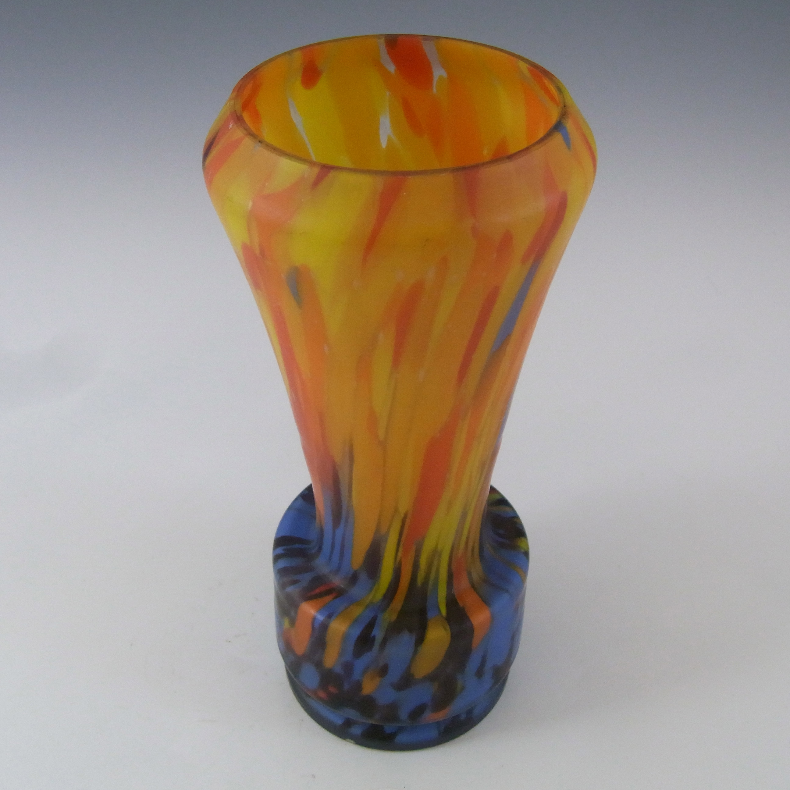 Czech 1930's Spatter / Splatter Orange & Blue Glass Vase - Click Image to Close