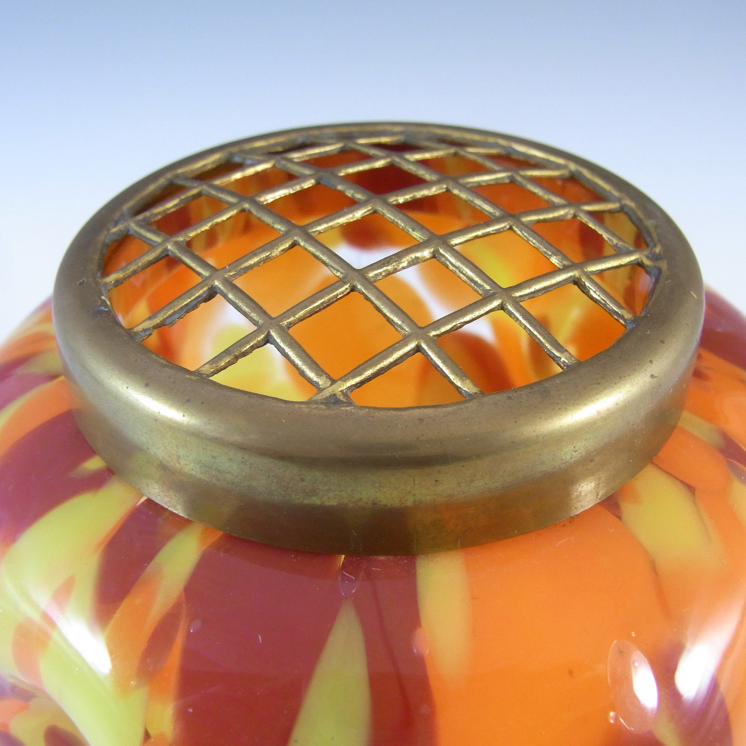 Czech Red, Yellow & Orange Spatter Glass Posy Vase - Click Image to Close