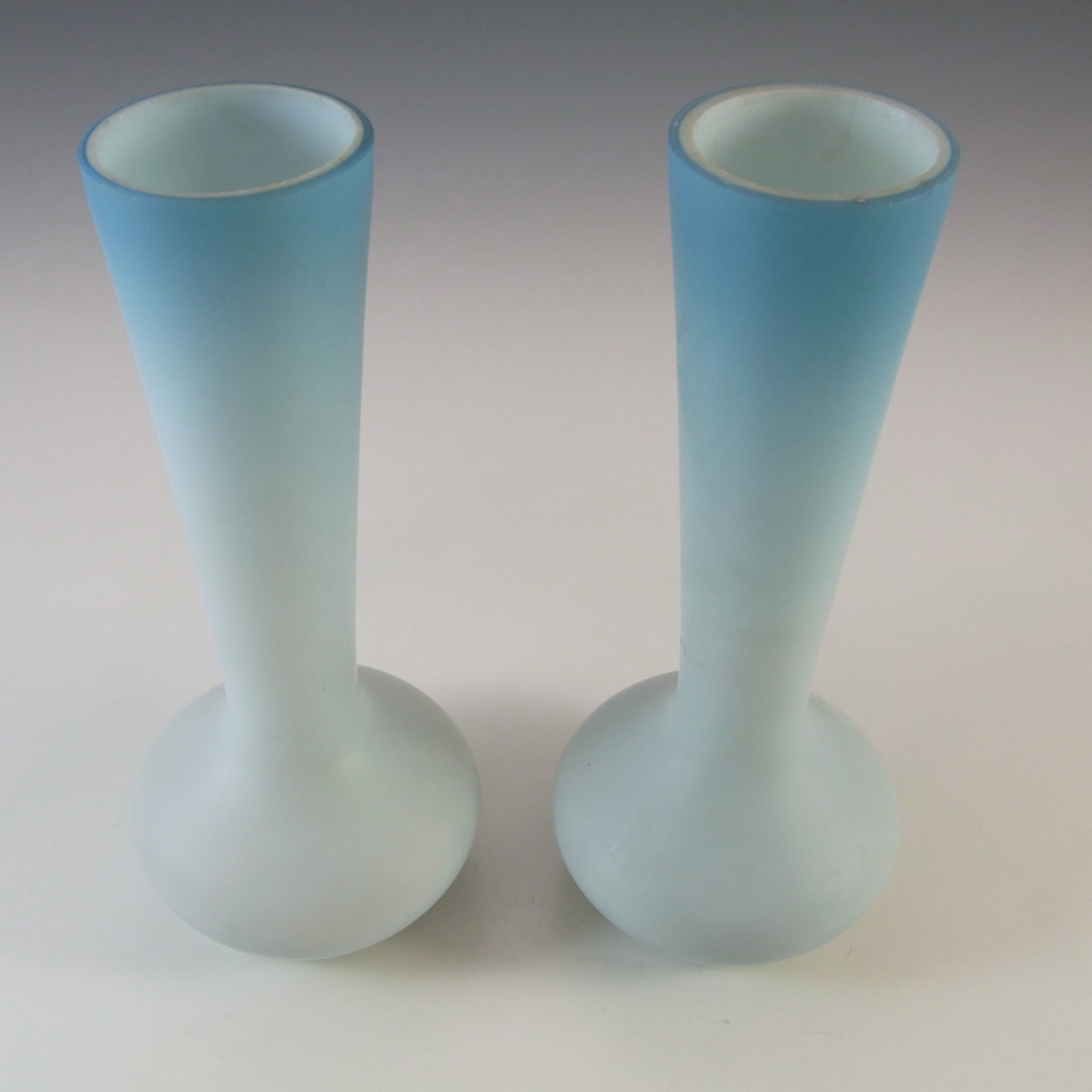 Victorian Satin Cased Glass Blue & White Pair of Vases - Click Image to Close
