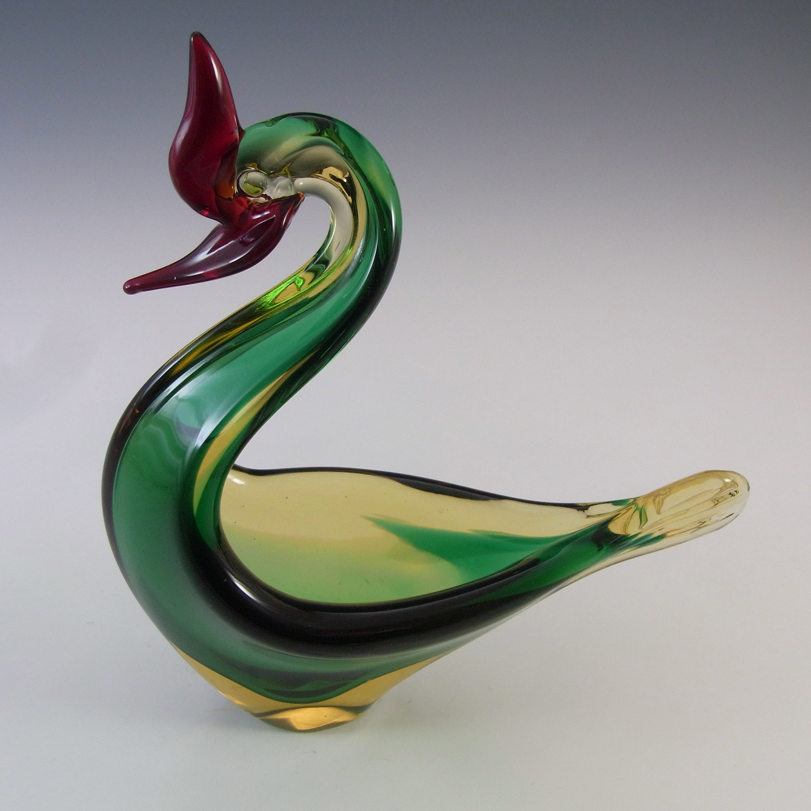 (image for) Murano Green, Amber & Red Sommerso Glass Swan Sculpture - Click Image to Close