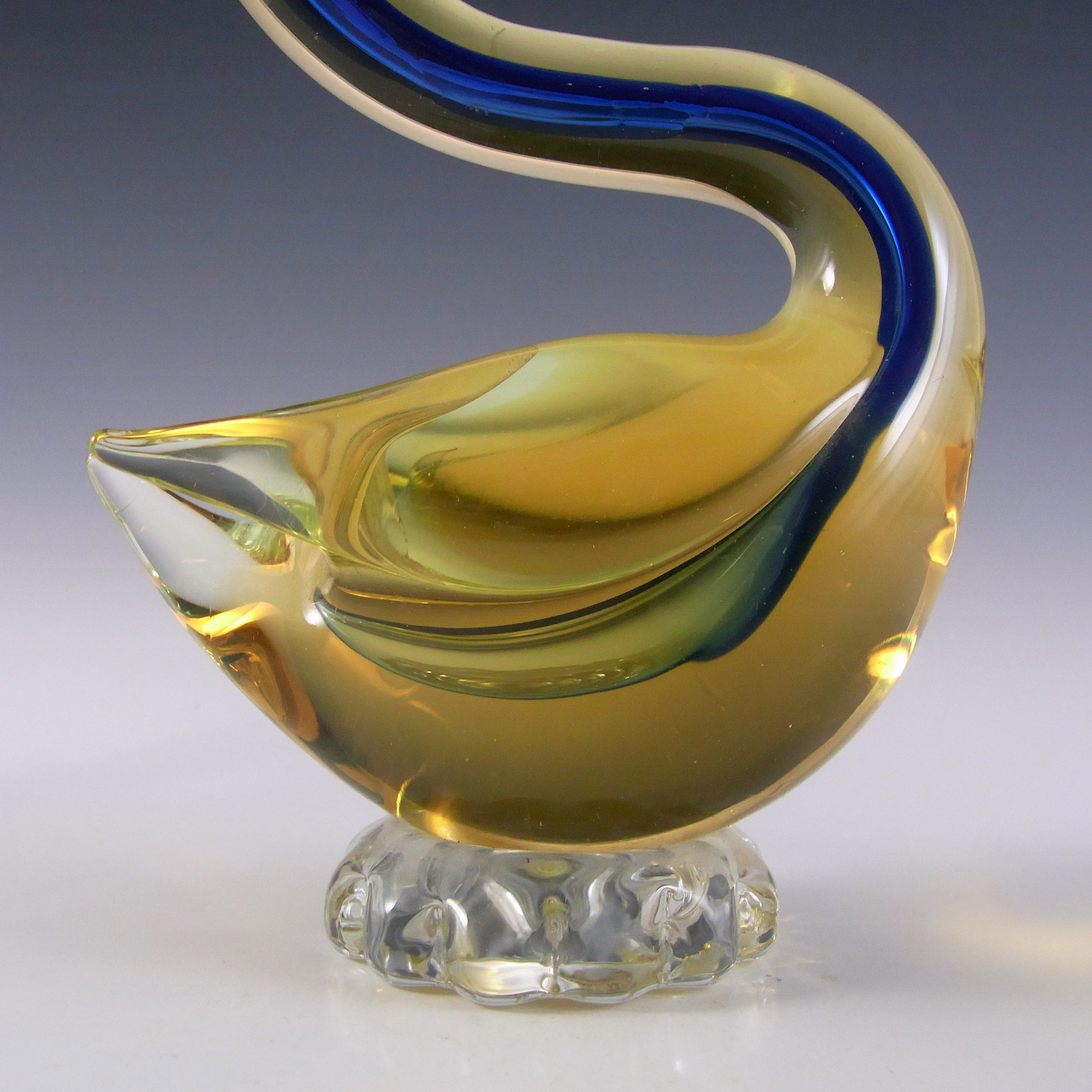 Murano / Venetian Blue & Amber Sommerso Glass Swan Sculpture - Click Image to Close