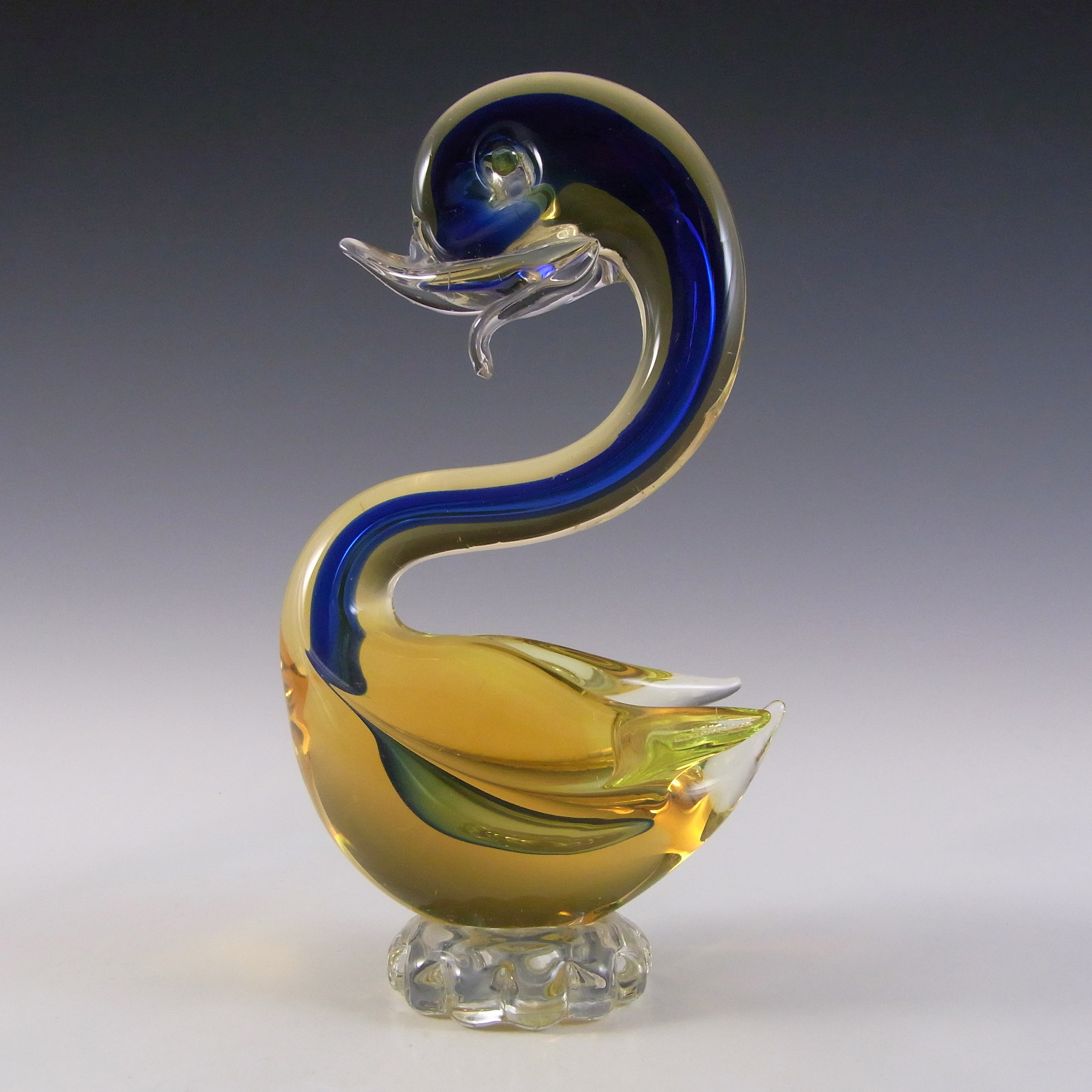 (image for) Murano / Venetian Blue & Amber Sommerso Glass Swan Sculpture - Click Image to Close