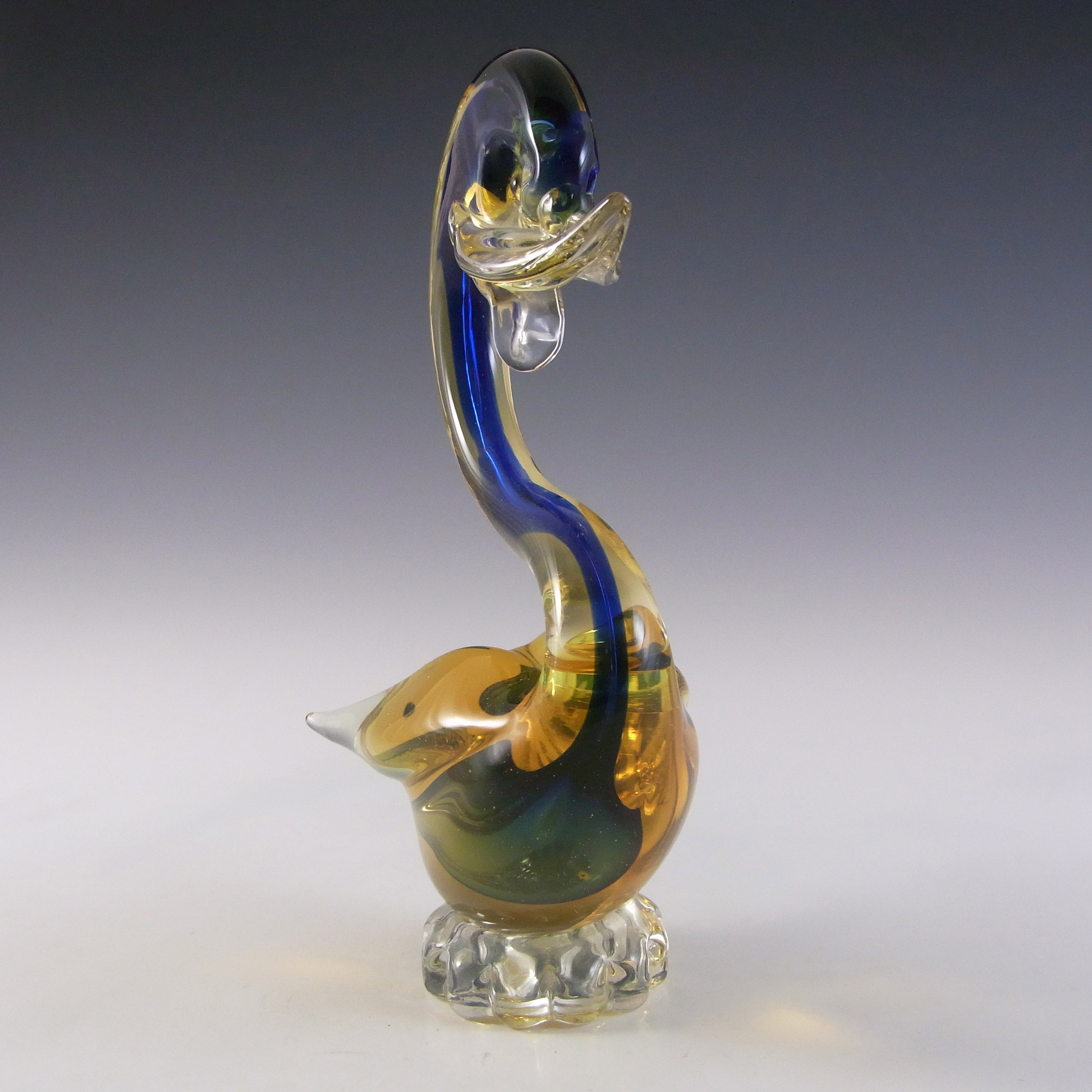 (image for) Murano / Venetian Blue & Amber Sommerso Glass Swan Figurine - Click Image to Close