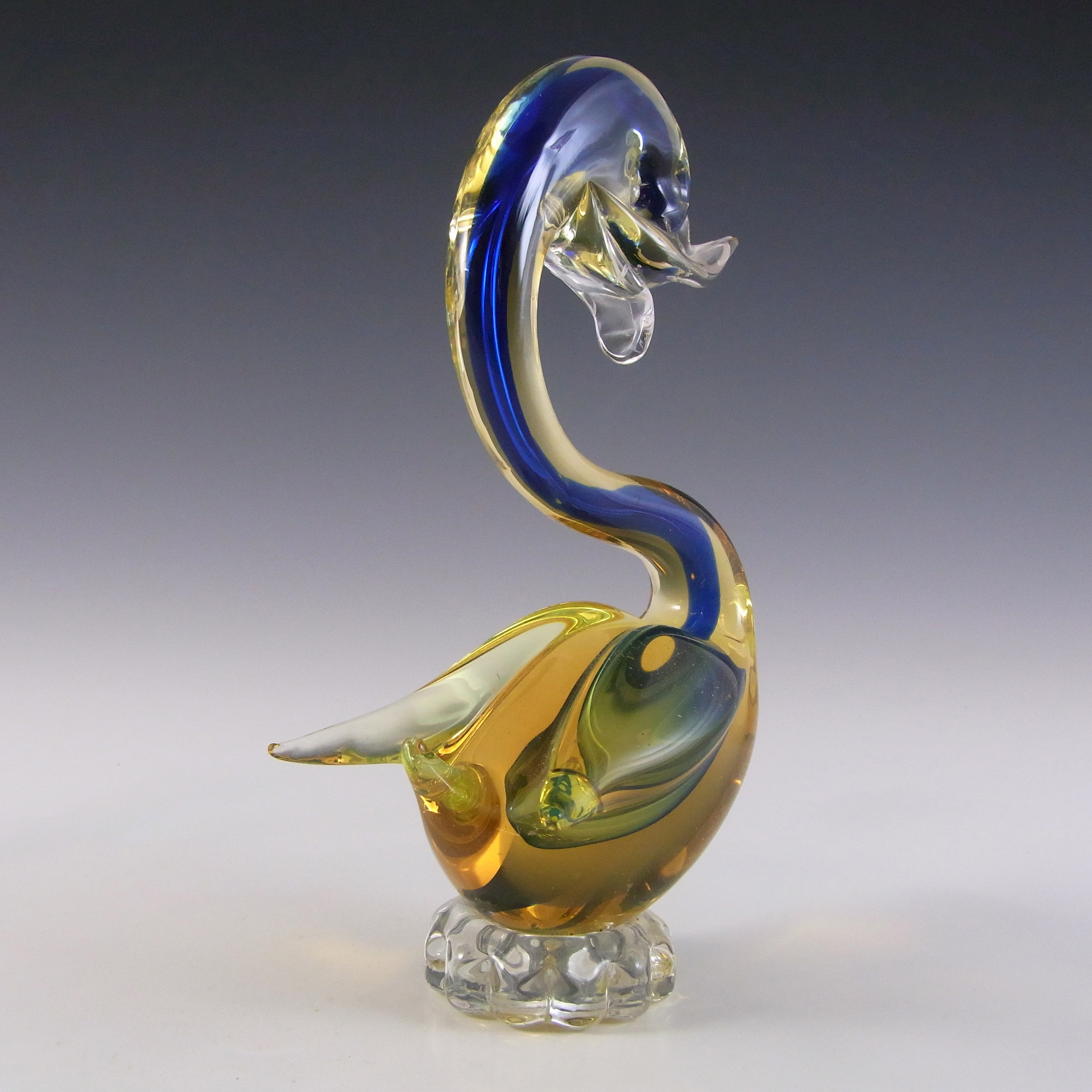 (image for) Murano / Venetian Blue & Amber Sommerso Glass Swan Figurine - Click Image to Close