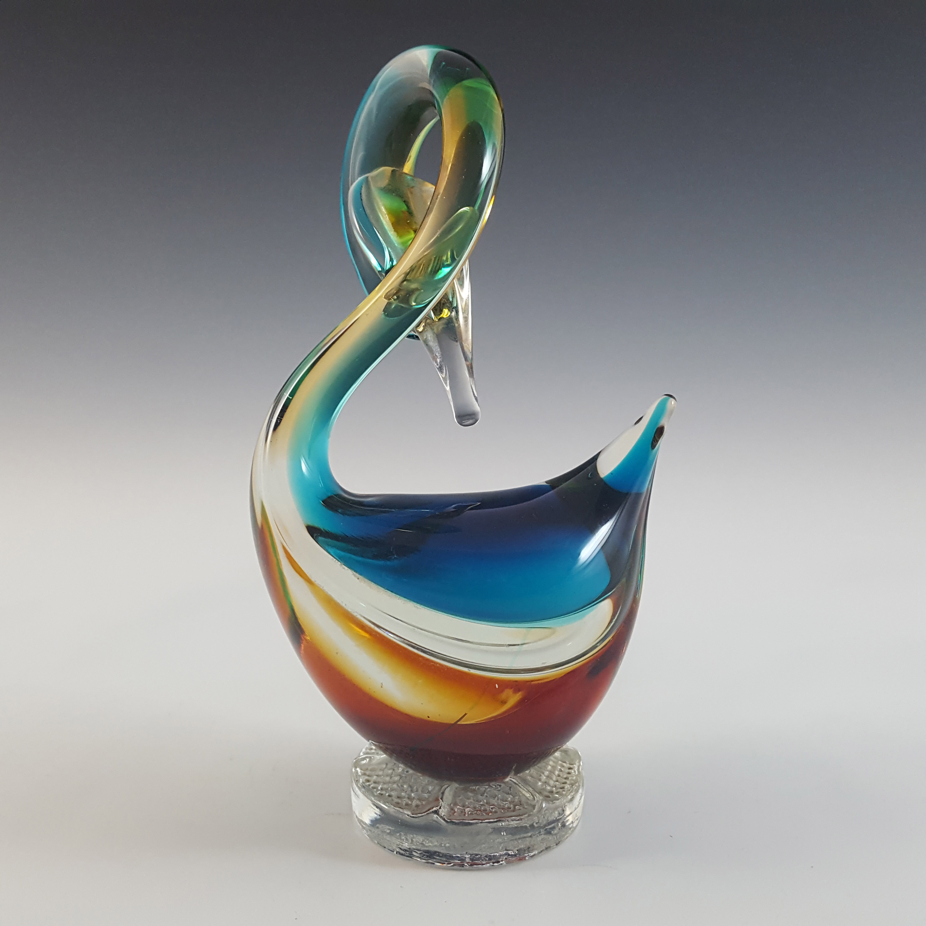 (image for) Murano Vintage Amber & Blue Venetian Glass Swan Sculpture - Click Image to Close