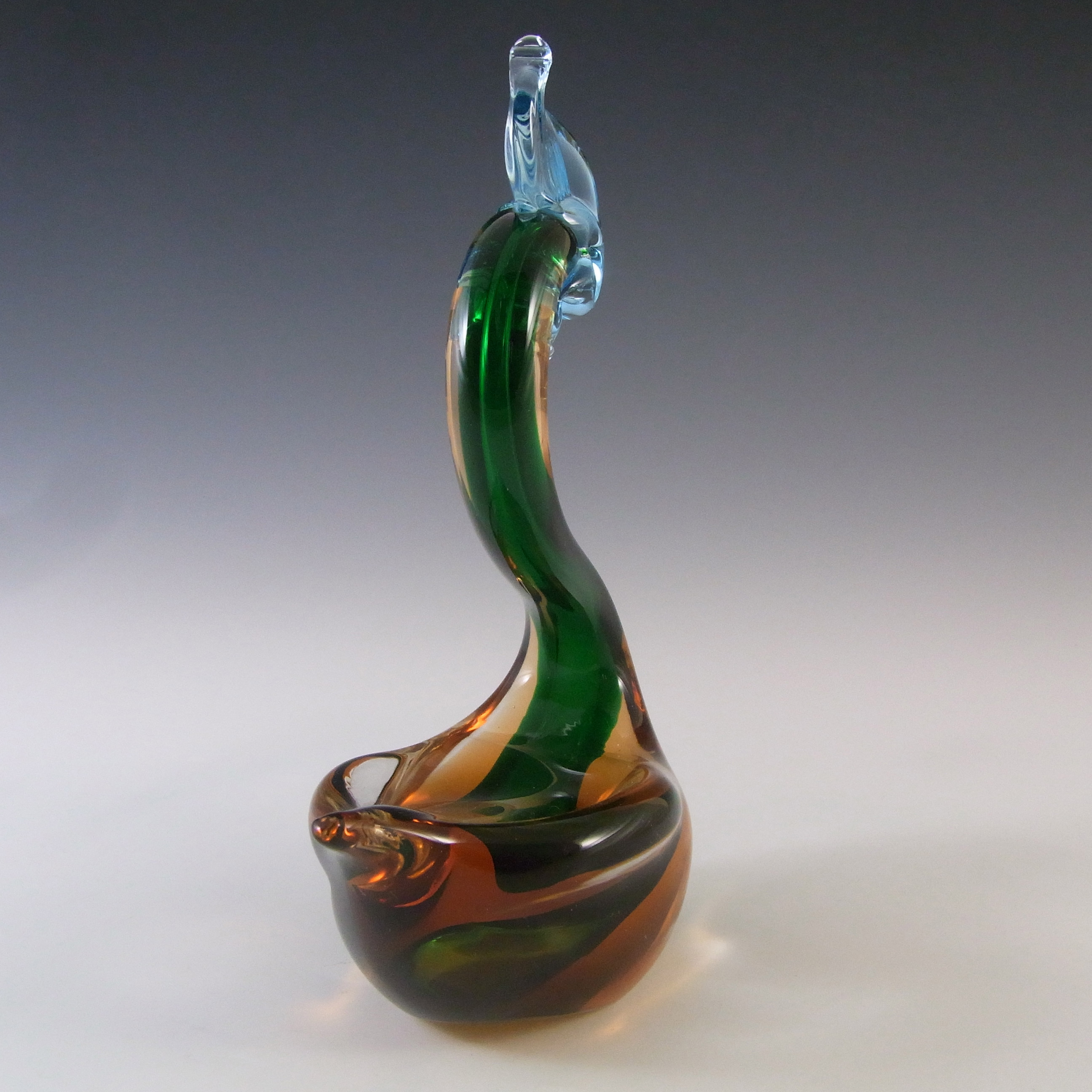 Murano 1950's Green & Amber Sommerso Glass Swan Figurine - Click Image to Close