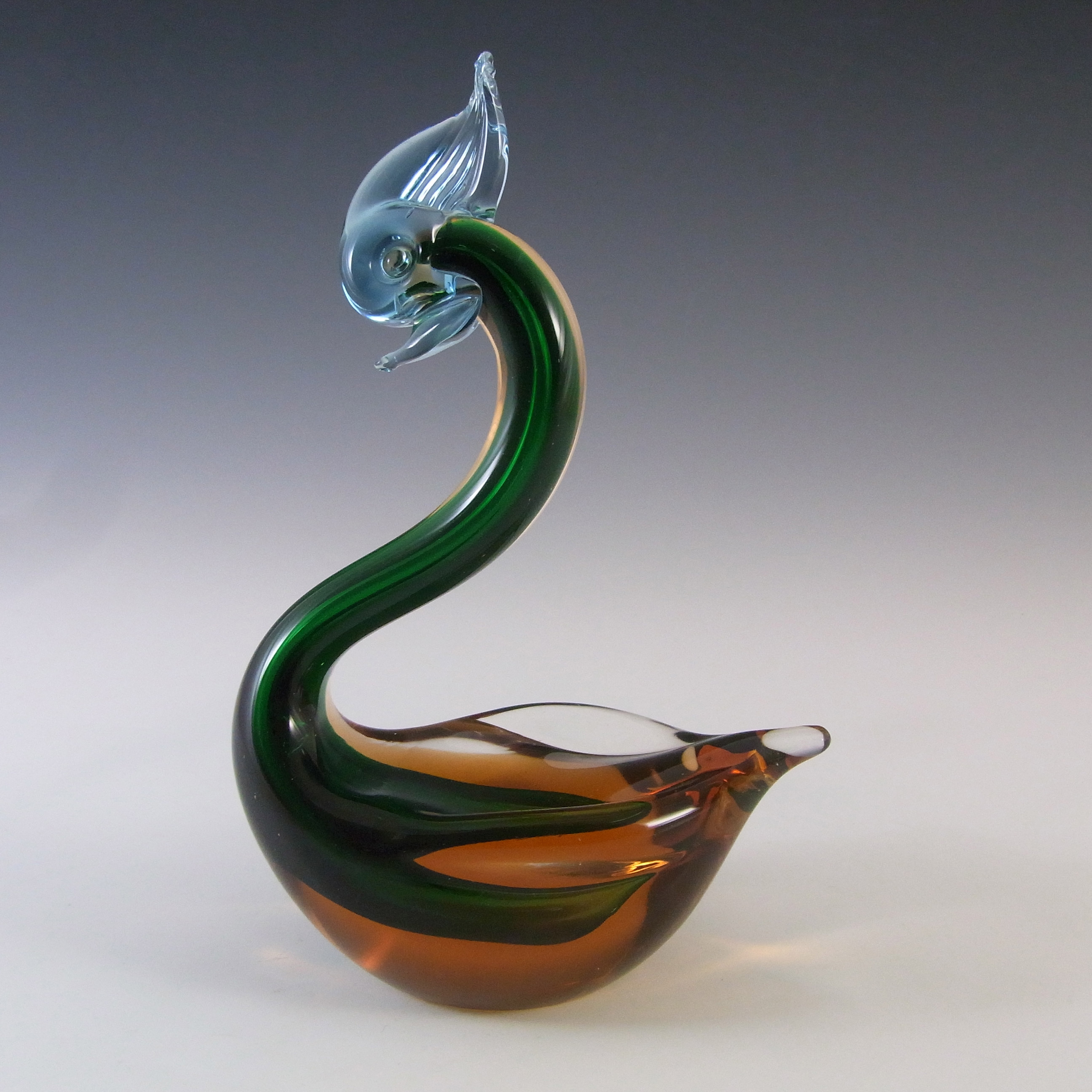 Murano 1950's Green & Amber Sommerso Glass Swan Figurine - Click Image to Close