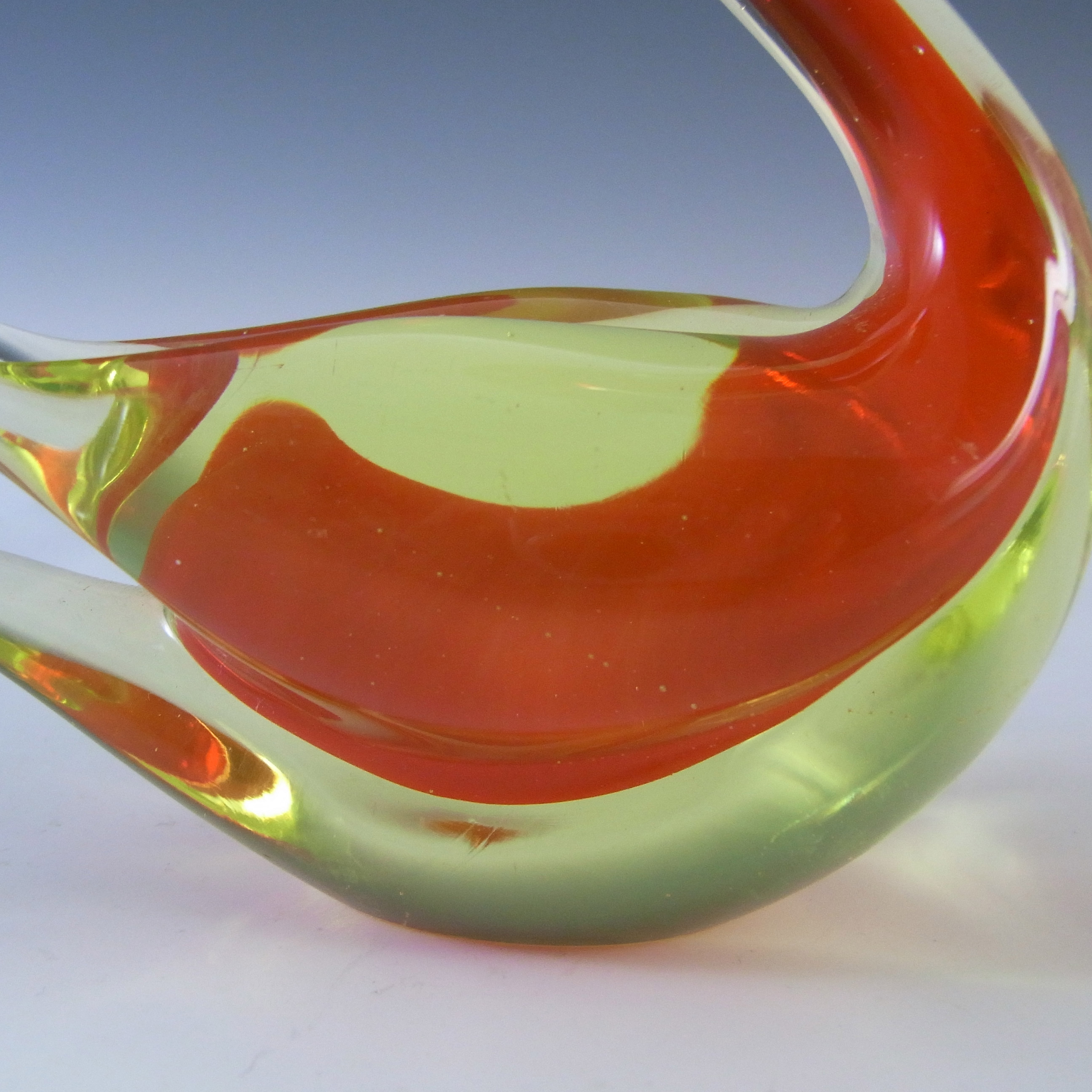 (image for) Galliano Ferro Murano Red & Uranium Yellow Sommerso Glass Swan - Click Image to Close