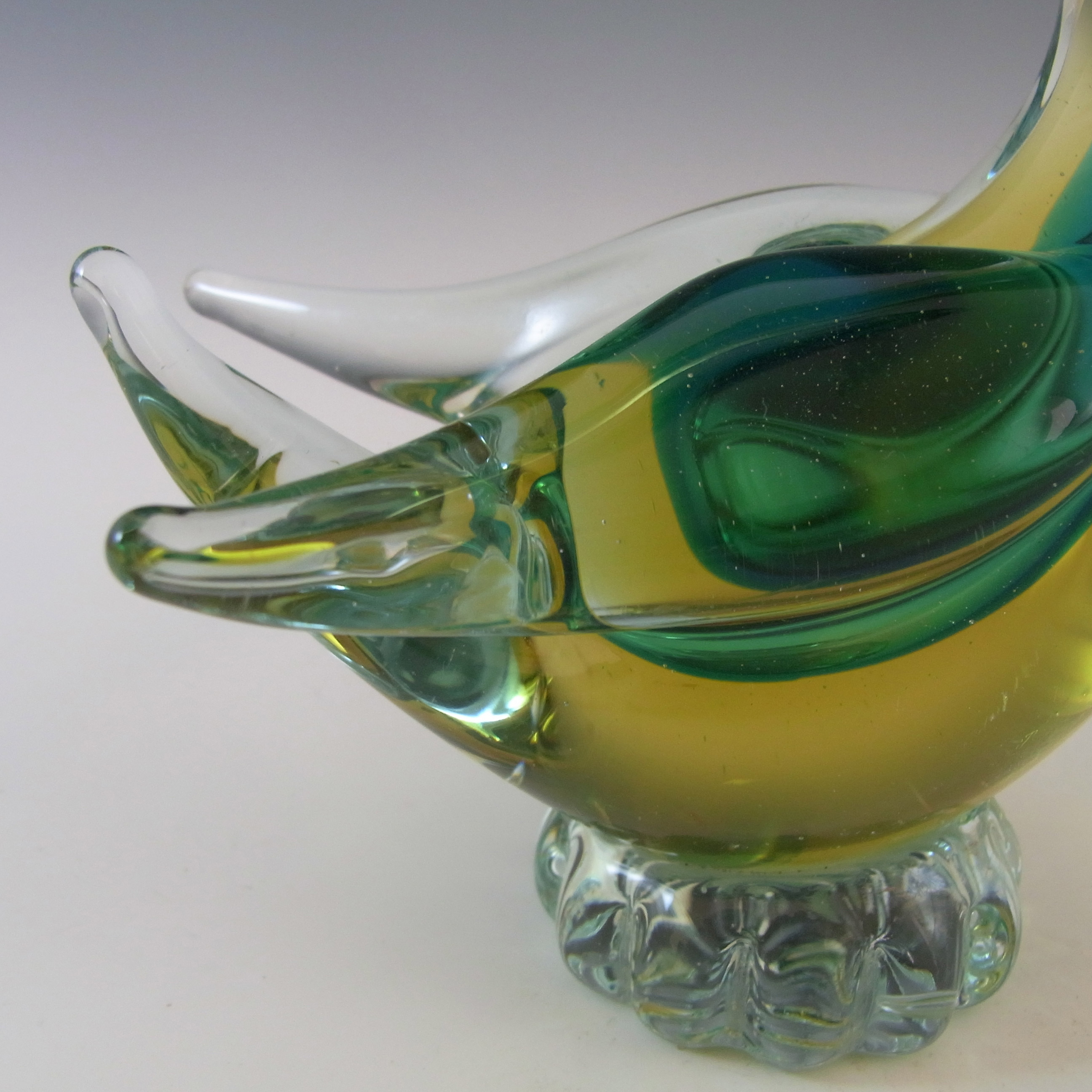 (image for) Murano / Venetian Green & Amber Sommerso Glass Swan Sculpture - Click Image to Close