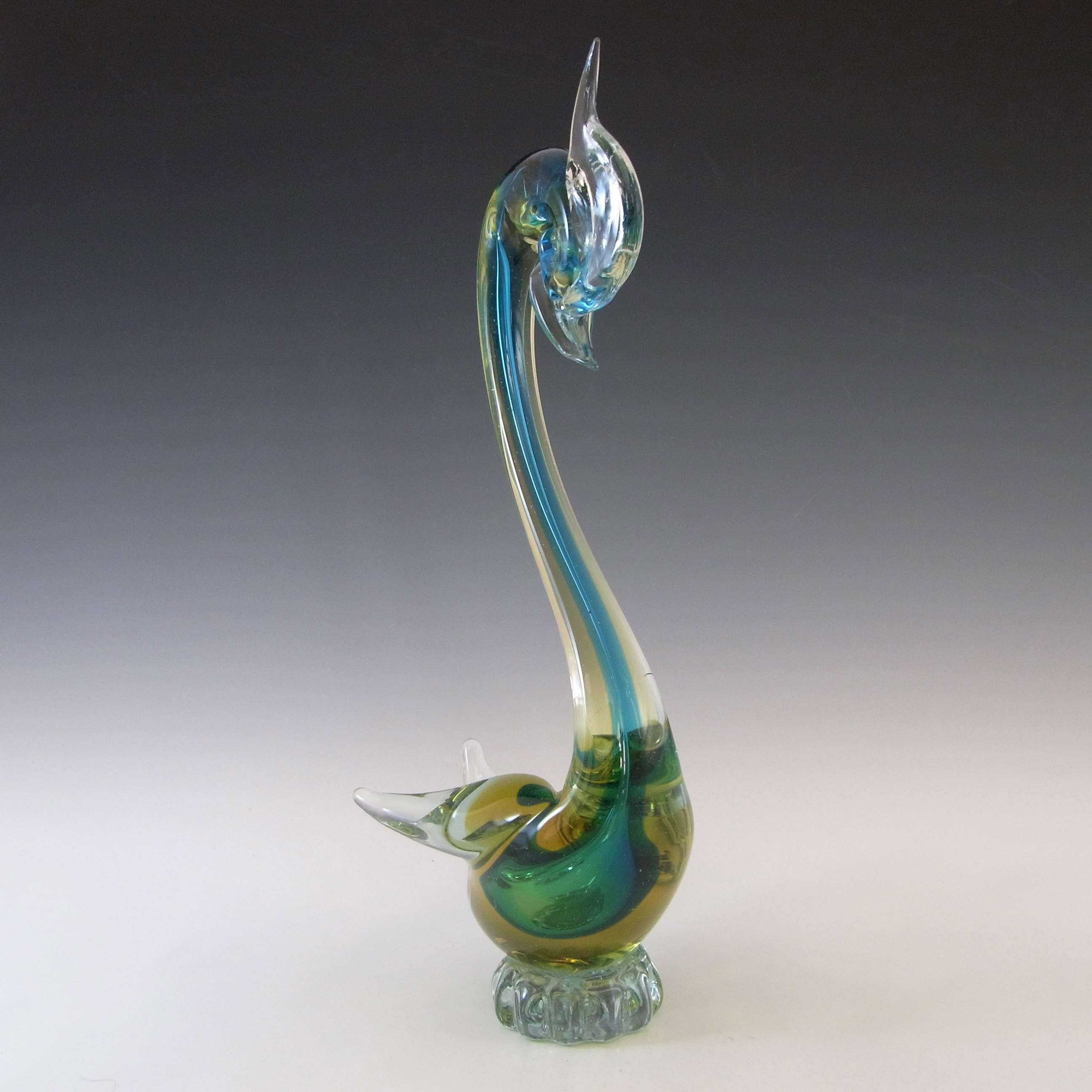 (image for) Murano / Venetian Green & Amber Sommerso Glass Swan Sculpture - Click Image to Close