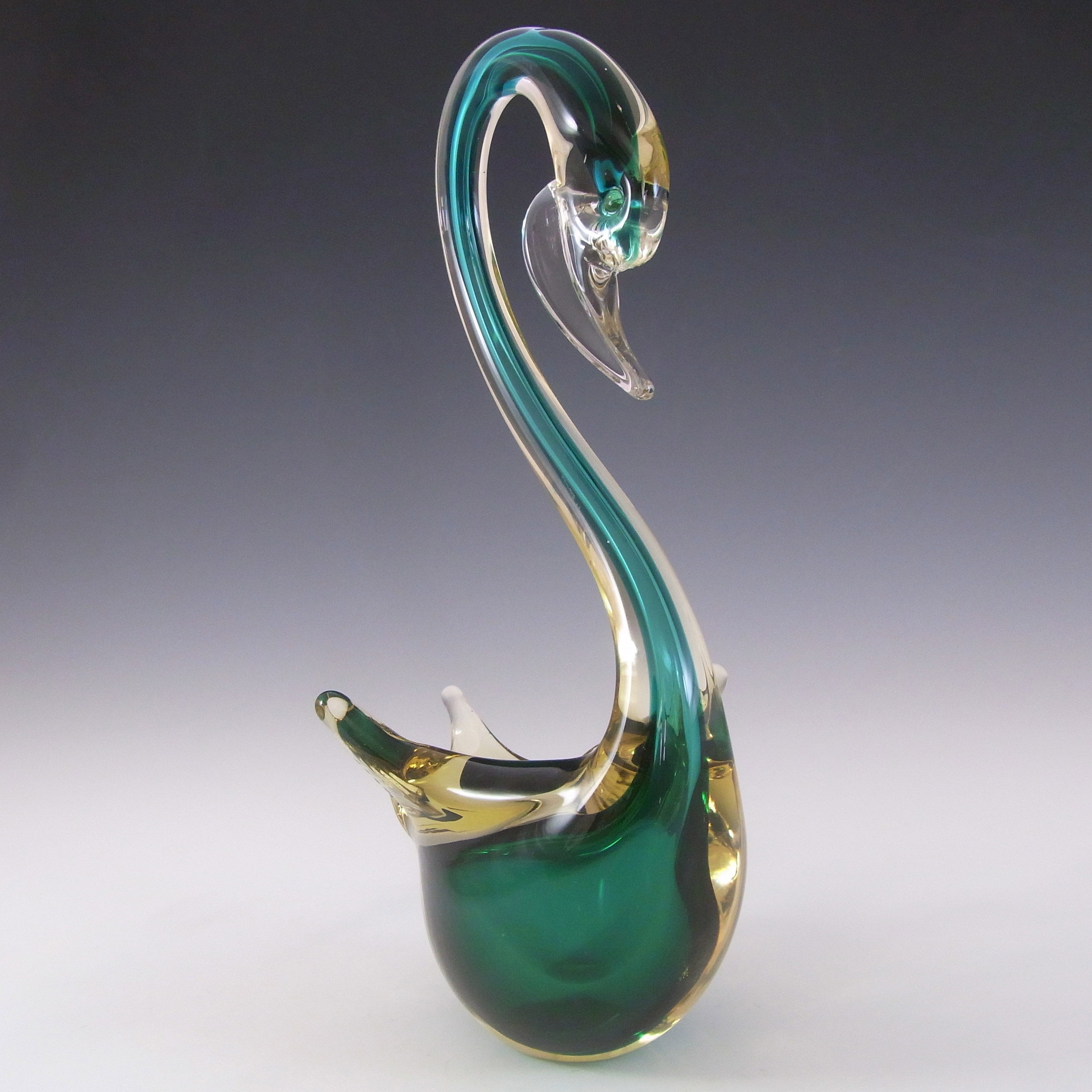 (image for) Murano Retro Green & Amber Sommerso Glass Swan Figurine - Click Image to Close
