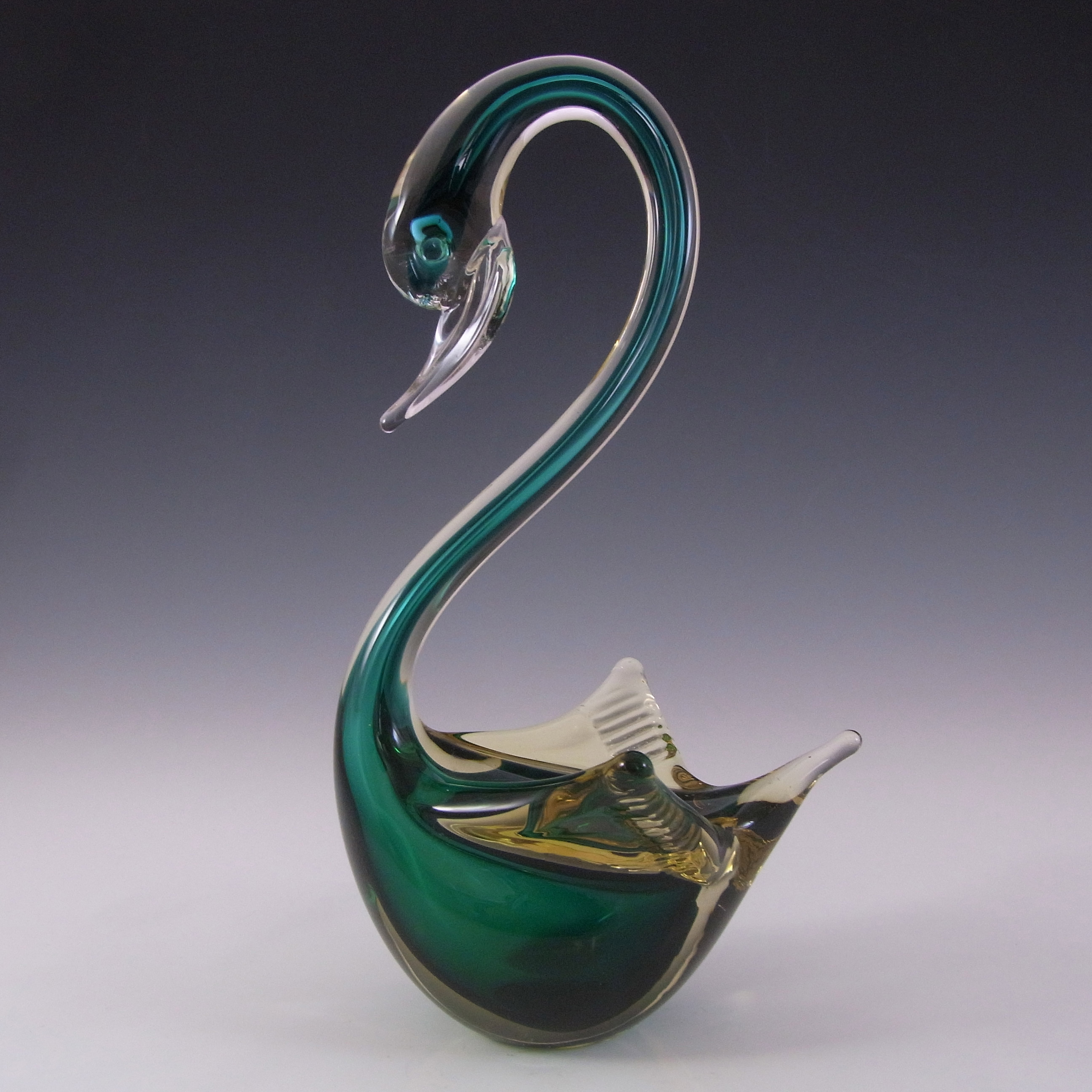 (image for) Murano Retro Green & Amber Sommerso Glass Swan Figurine - Click Image to Close