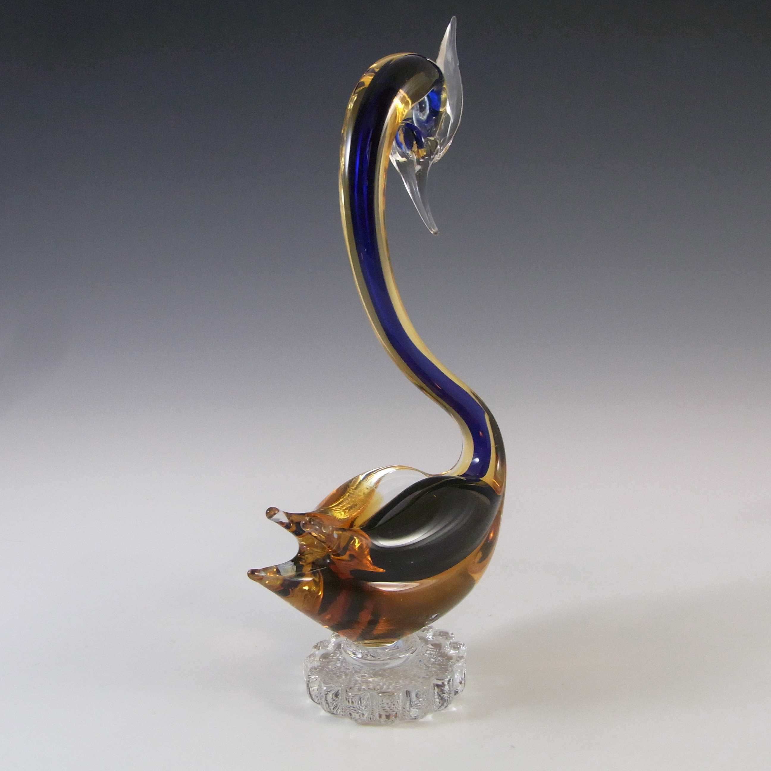 (image for) Murano 1950's Blue & Amber Sommerso Glass Swan Figurine - Click Image to Close