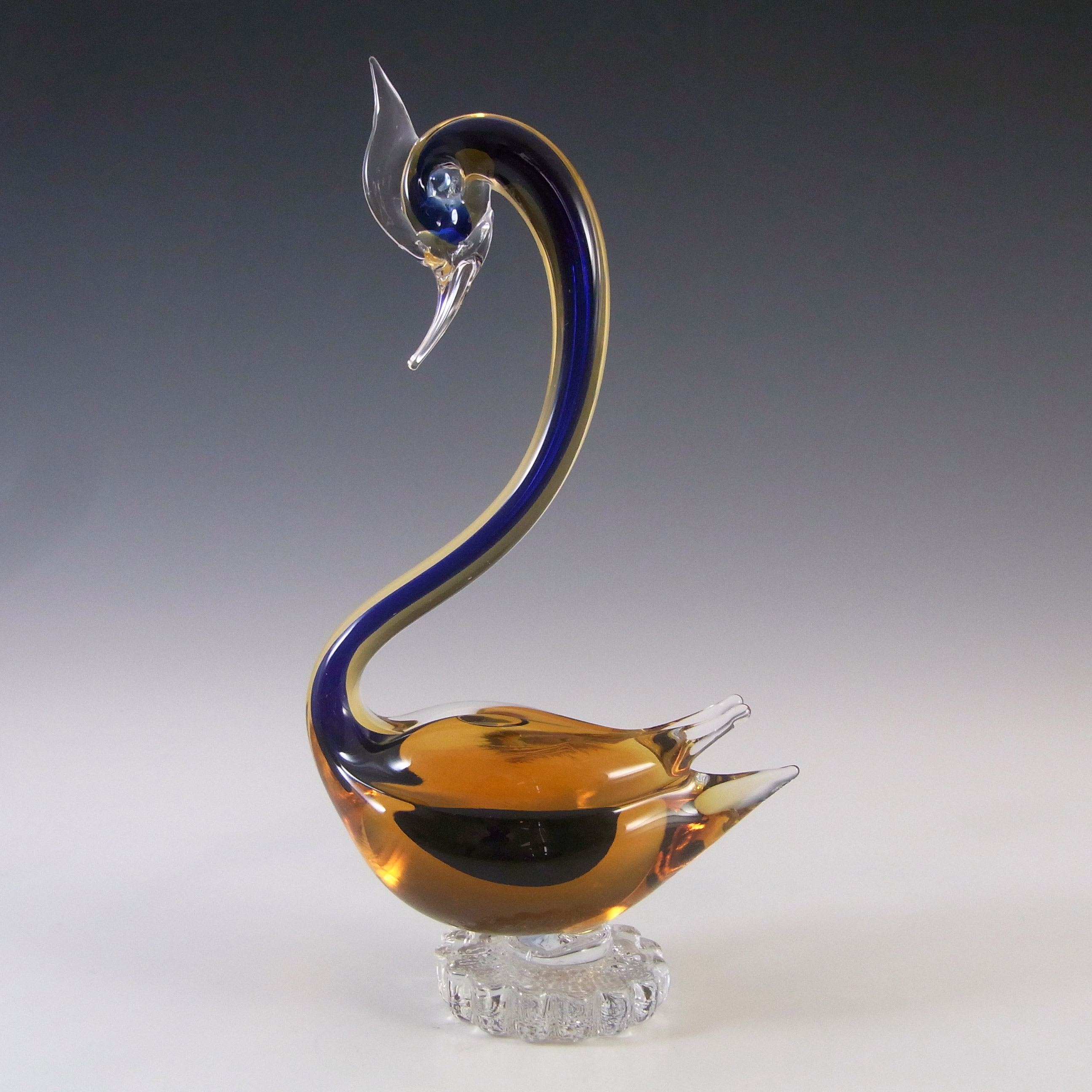(image for) Murano 1950's Blue & Amber Sommerso Glass Swan Figurine - Click Image to Close