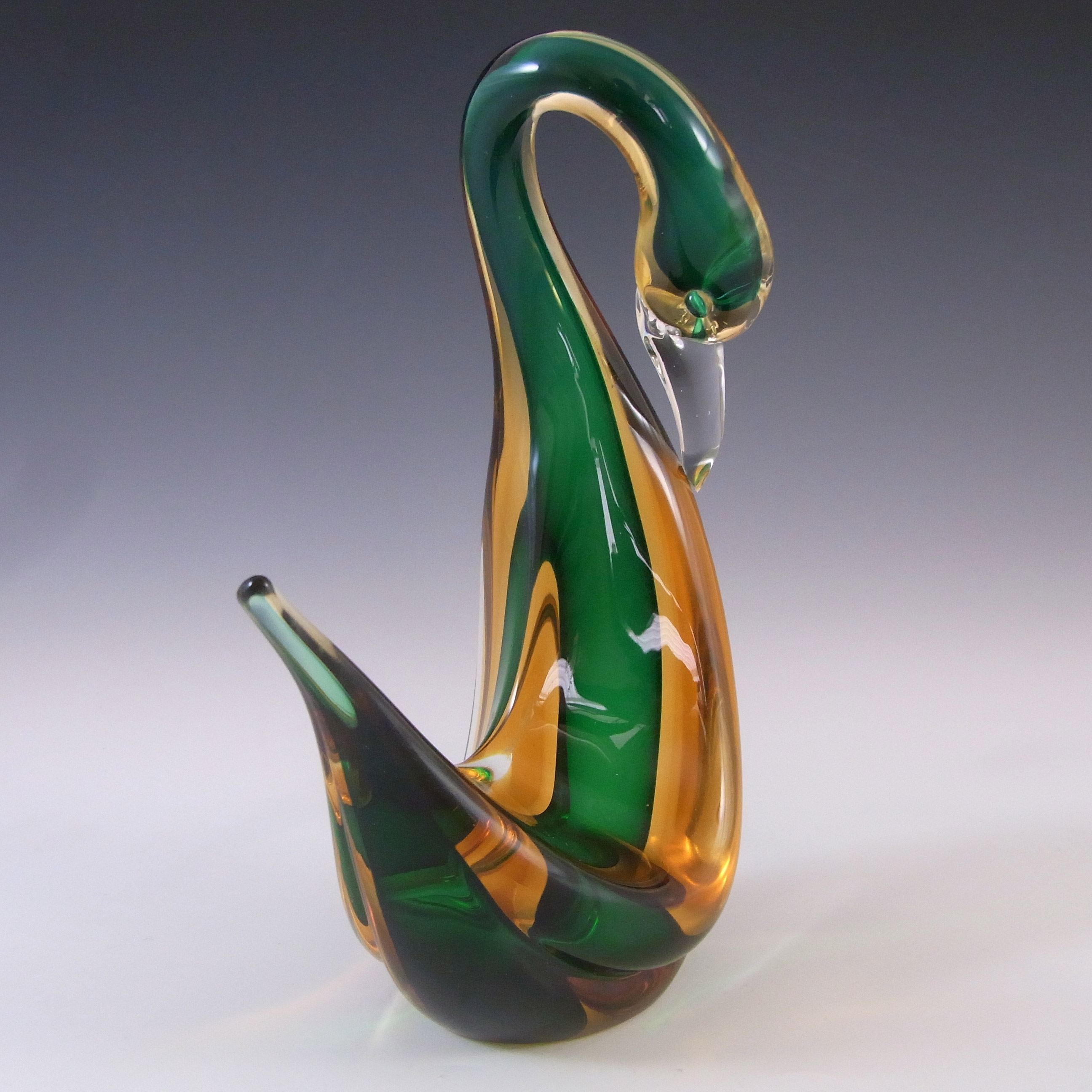 Murano Vintage Green & Amber Sommerso Glass Swan Figurine - Click Image to Close