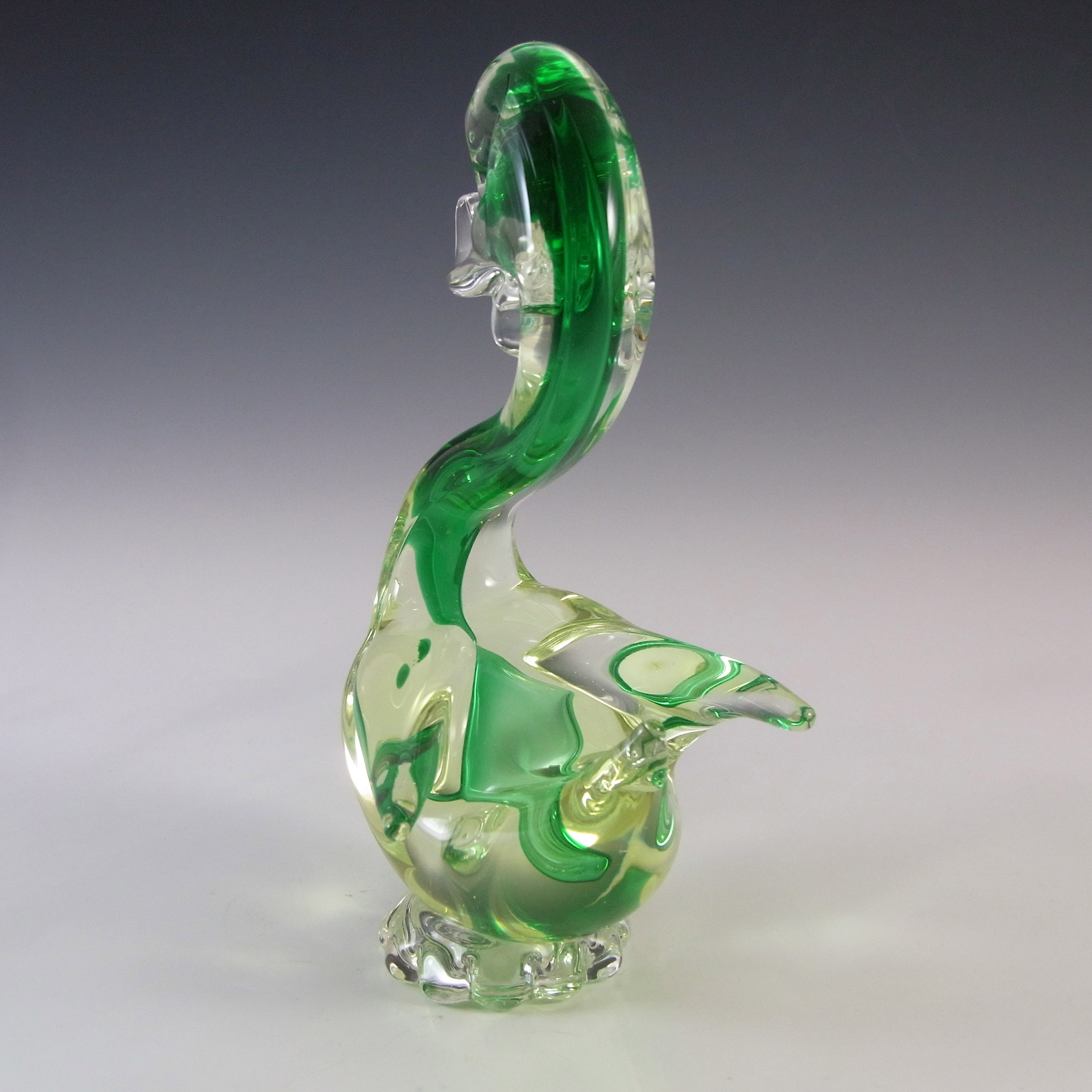 (image for) Murano Vintage Green & Uranium Yellow Sommerso Glass Swan - Click Image to Close