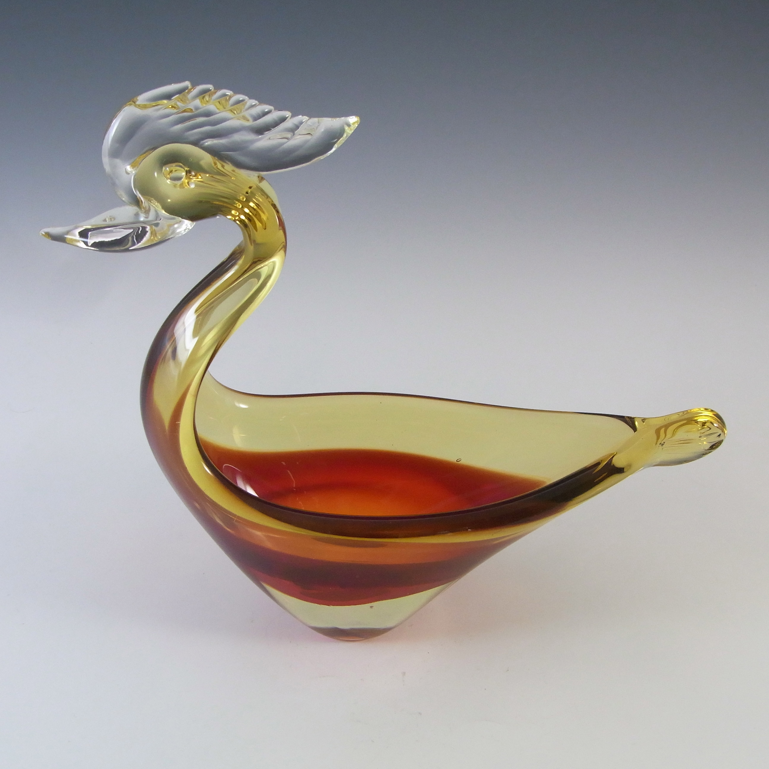 (image for) Murano Red & Amber Sommerso Glass Swan Sculpture Bowl - Click Image to Close