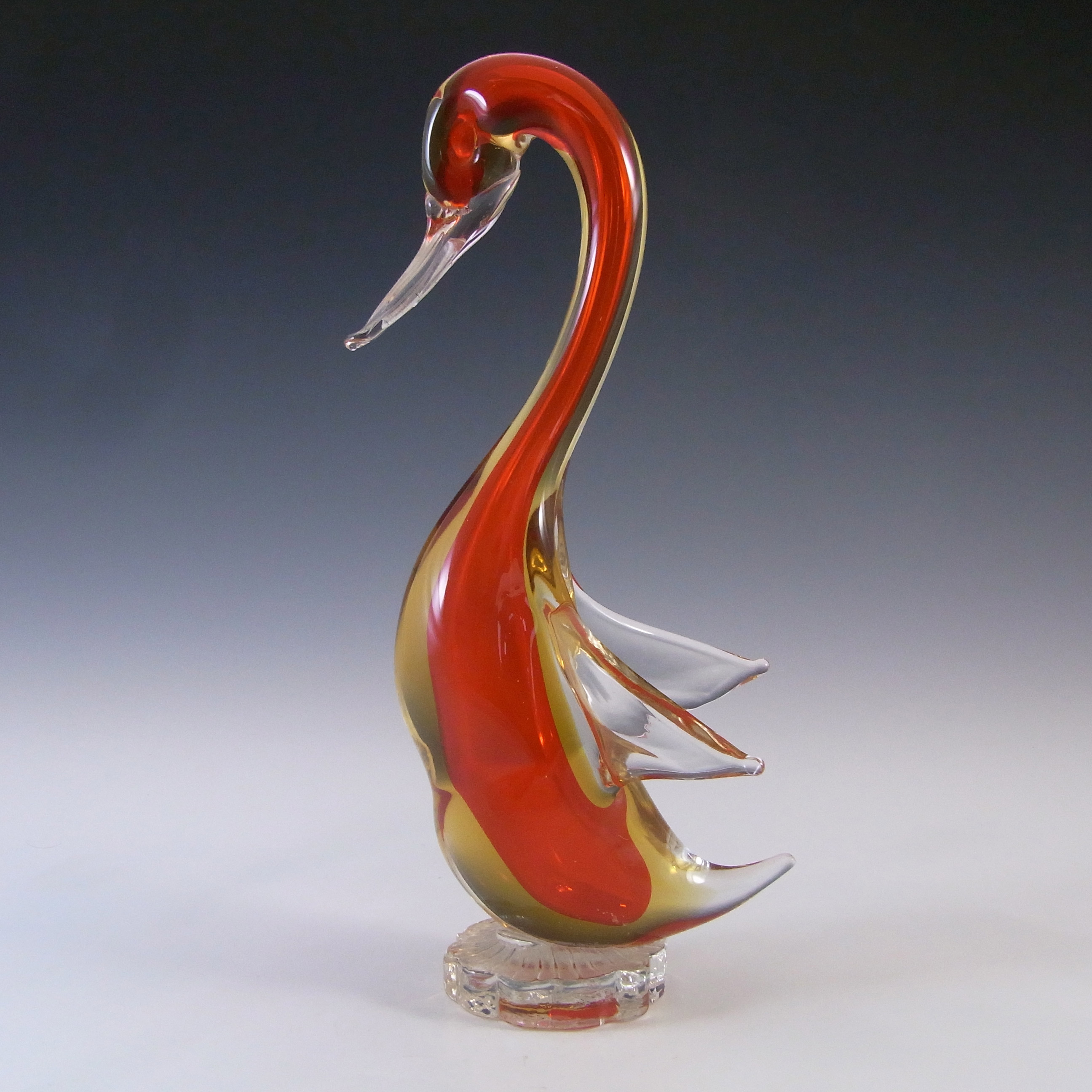 Murano Red & Amber Vintage Sommerso Glass Swan Sculpture - Click Image to Close