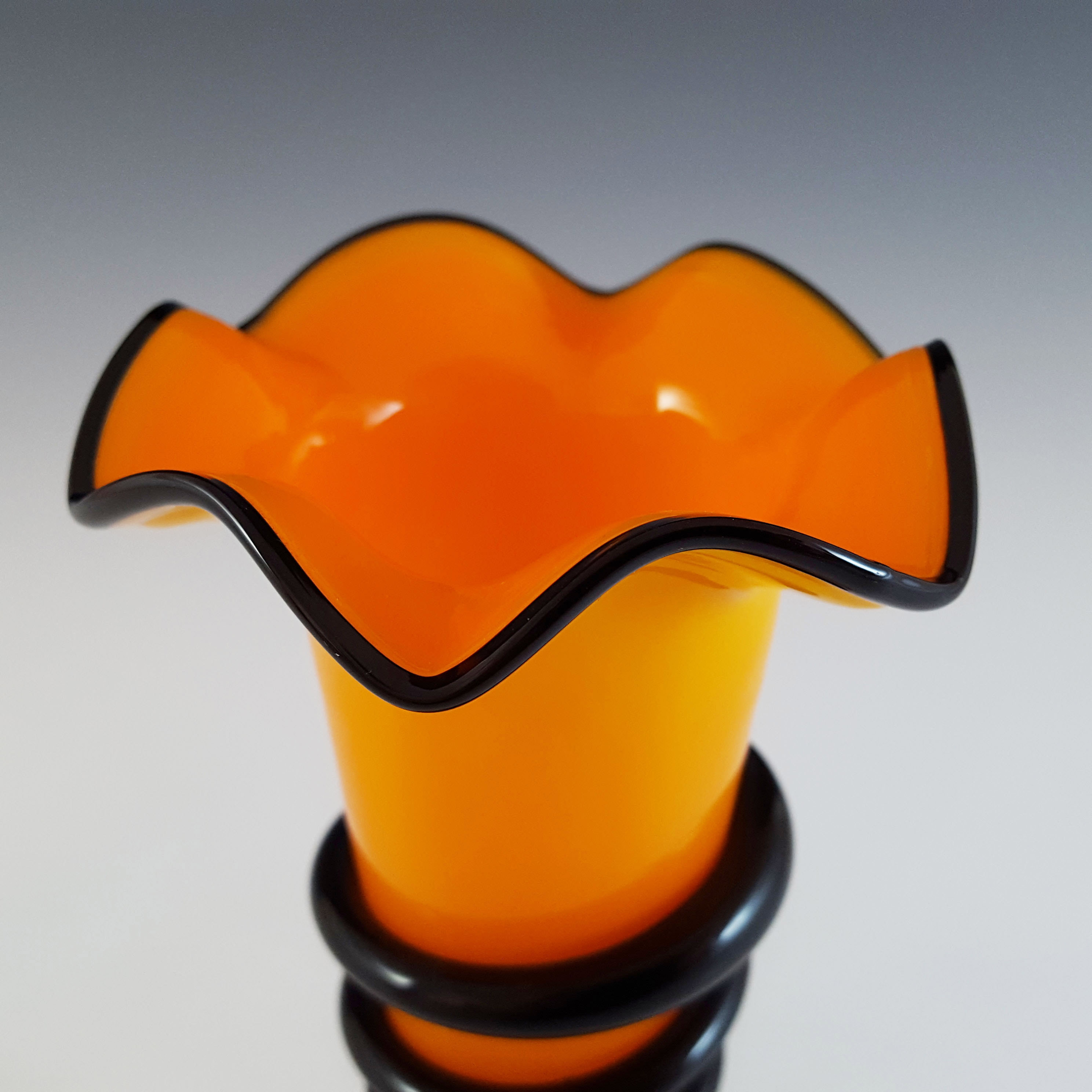 (image for) Czech / Bohemian Pair of Orange & Black Tango Glass Vases - Click Image to Close