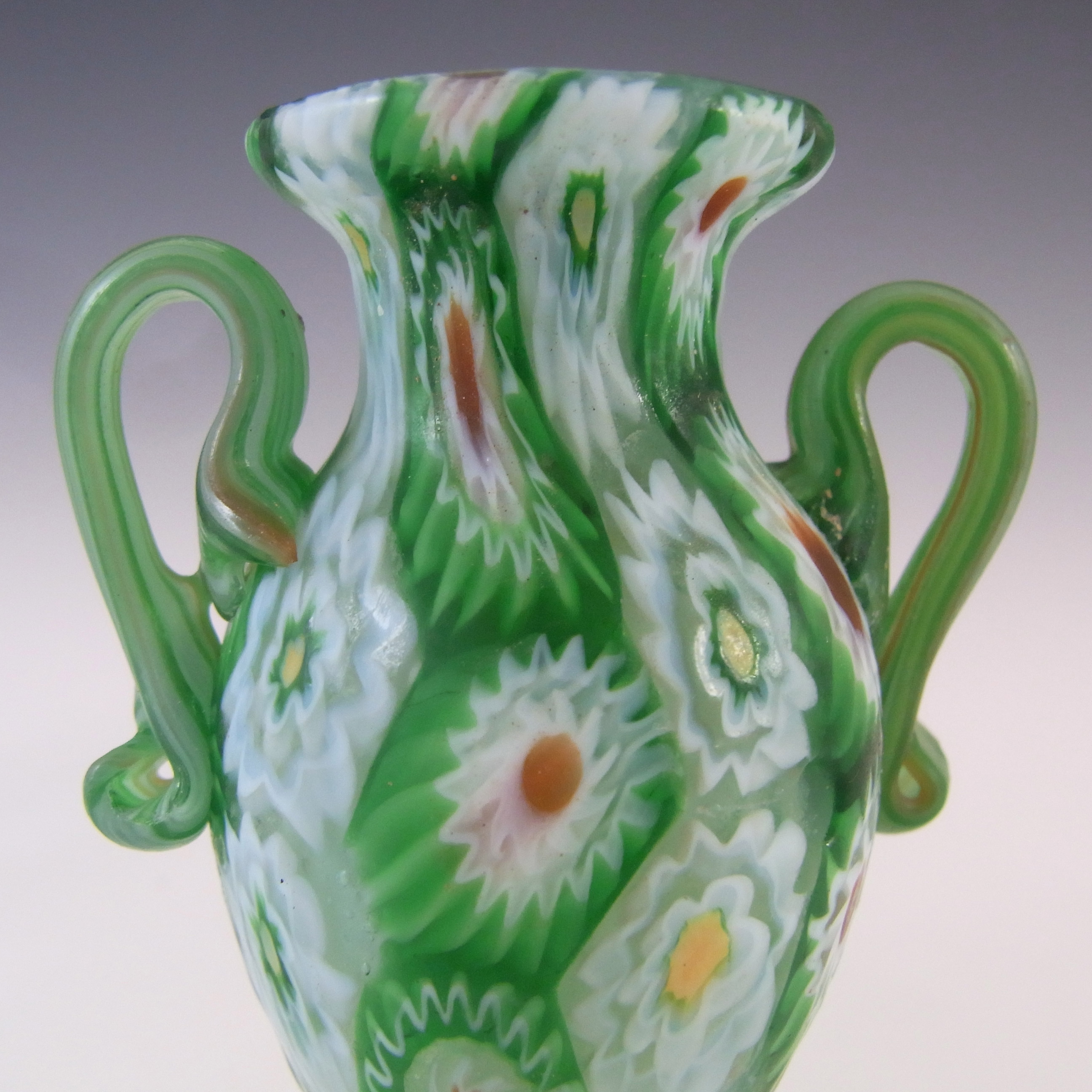 (image for) Fratelli Toso Millefiori Canes Murano Green Glass Vase - Click Image to Close