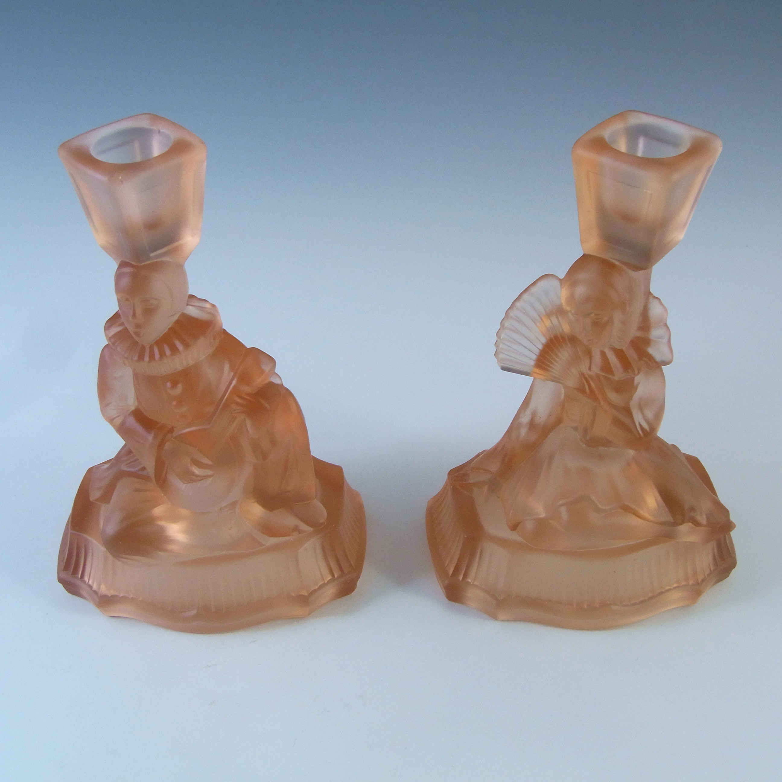 Walther & Söhne Art Deco Glass Pierrot & Pierrette Candlesticks - Click Image to Close