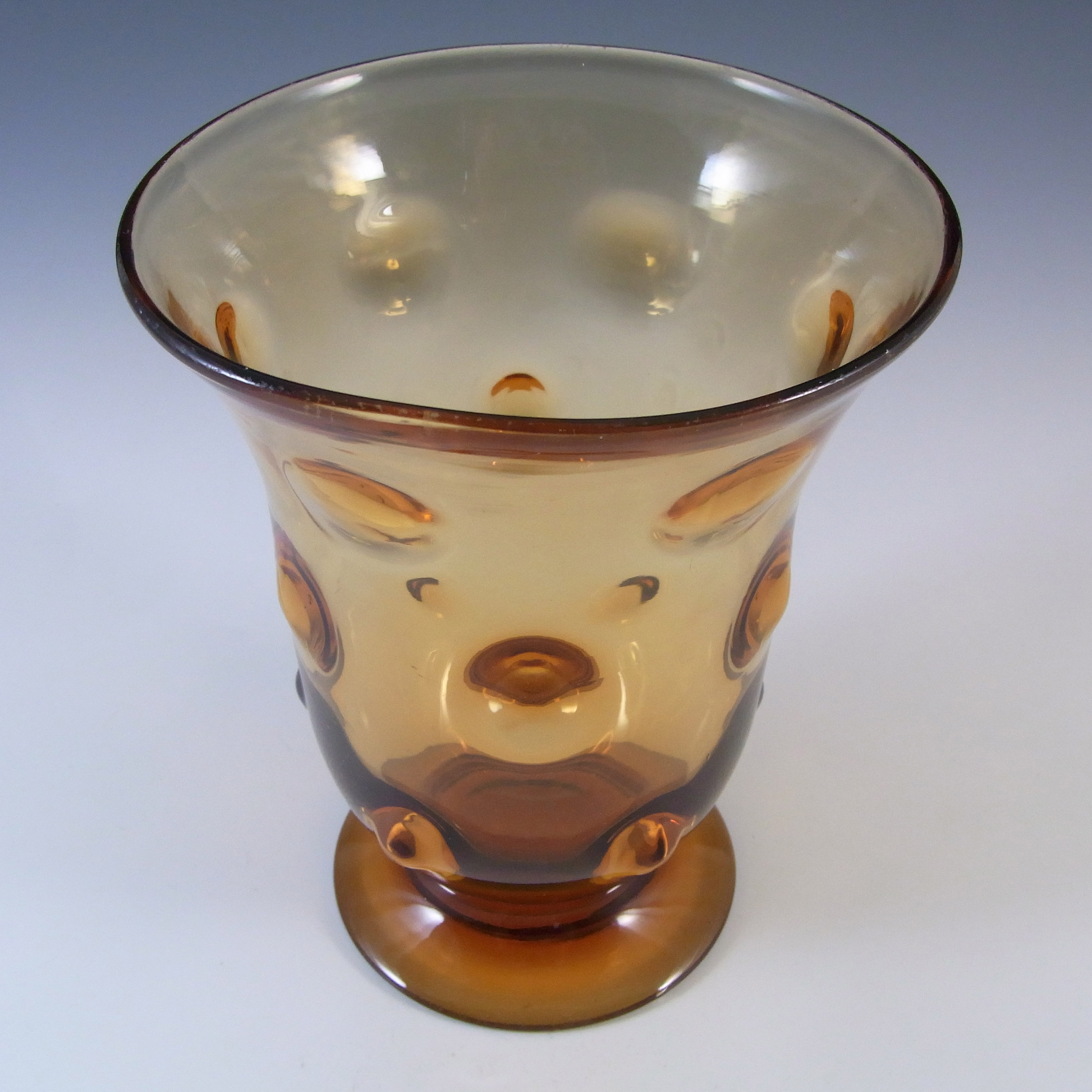 MARKED Thomas Webb Golden Amber Glass Bull's Eye Vase - Click Image to Close