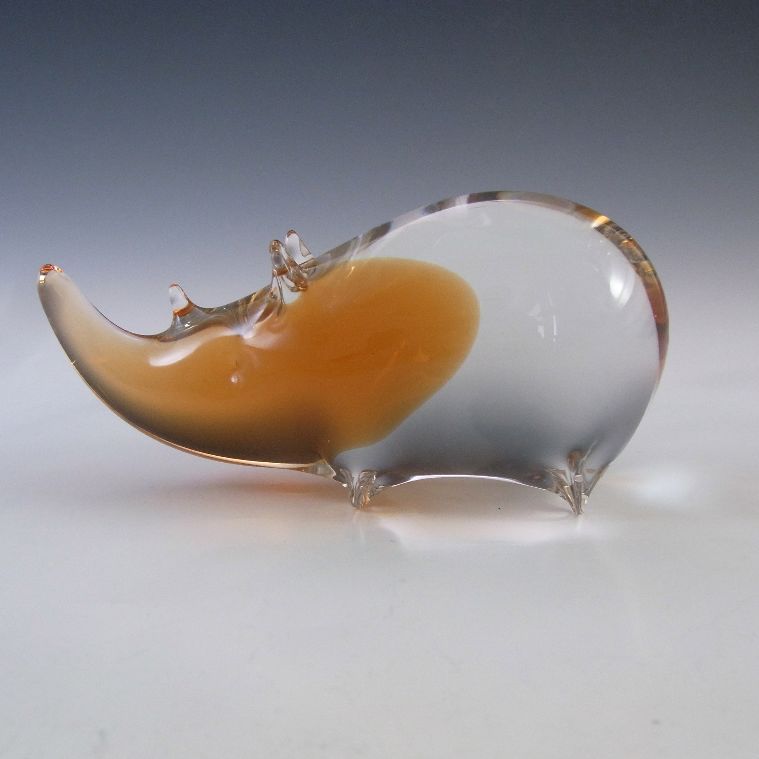 MARKED Wedgwood Topaz & Clear Glass Rhino Paperweight - Click Image to Close