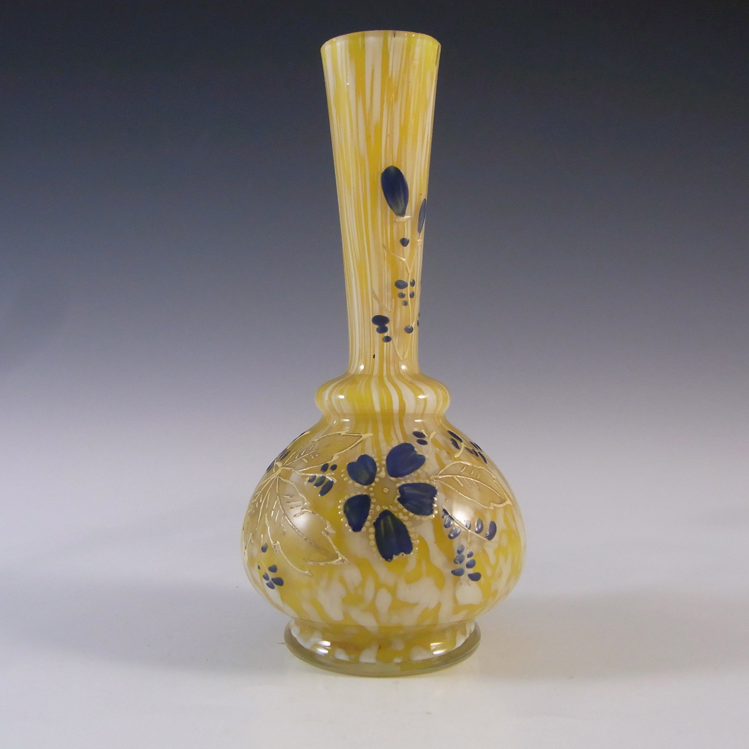 Bohemian Lemon Yellow White Spatter Glass Mini Vase Enameled Antique Vase Home Decor Collectible 1920s Frank Welz