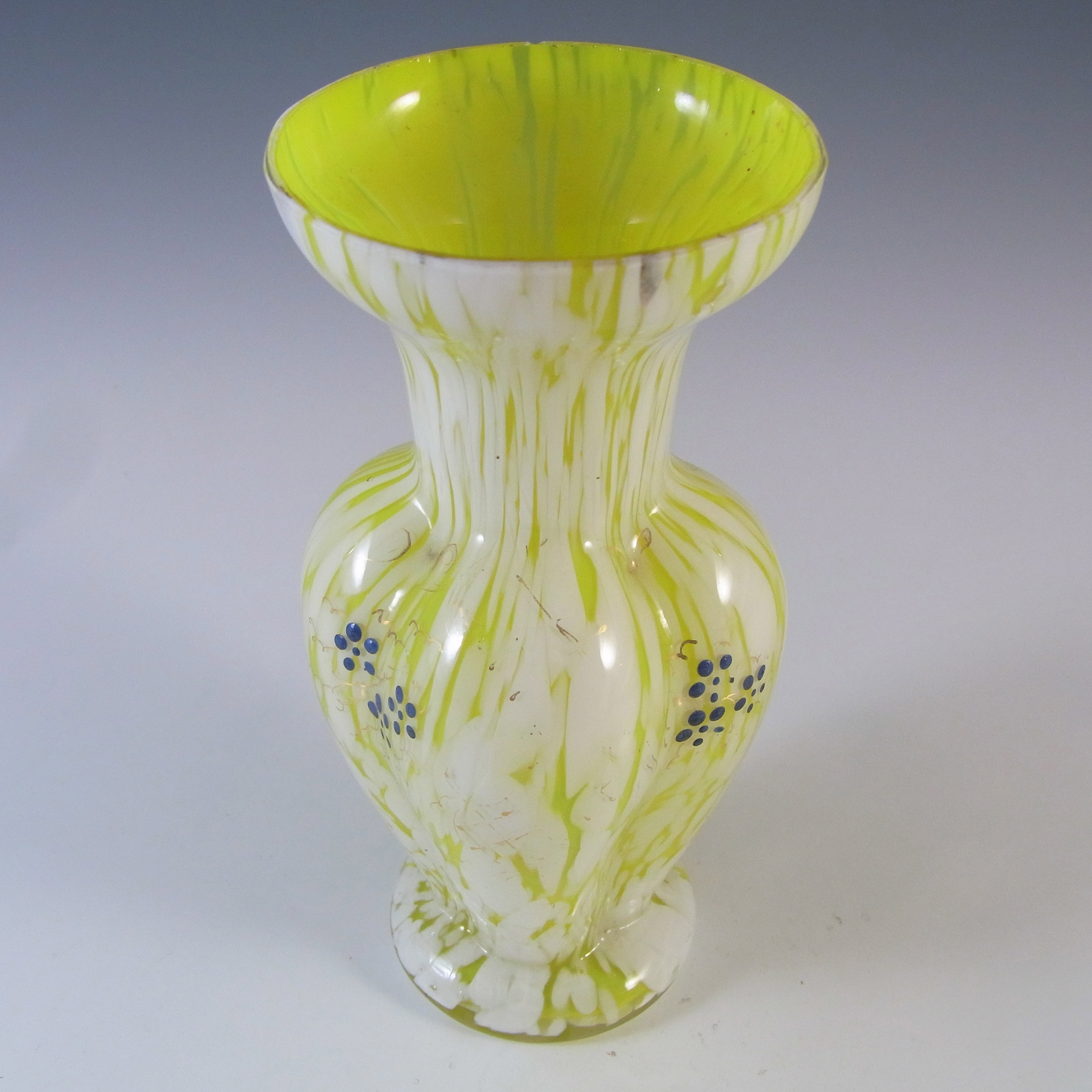 (image for) Welz Czech / Bohemian Lemon Yellow & White Spatter Glass Vase - Click Image to Close