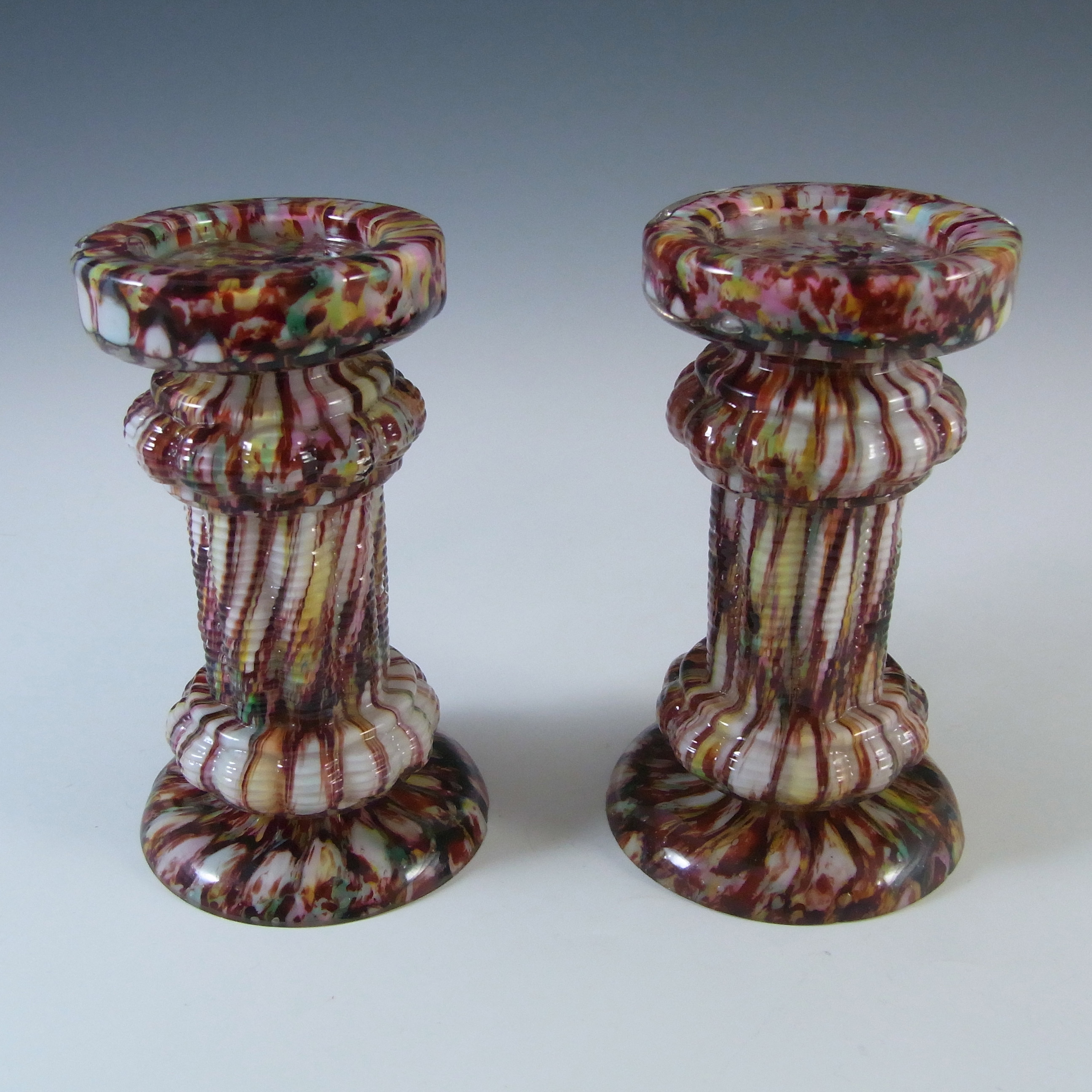 Pair of Welz Bohemian Honeycomb Spatter Glass Candlesticks - Click Image to Close