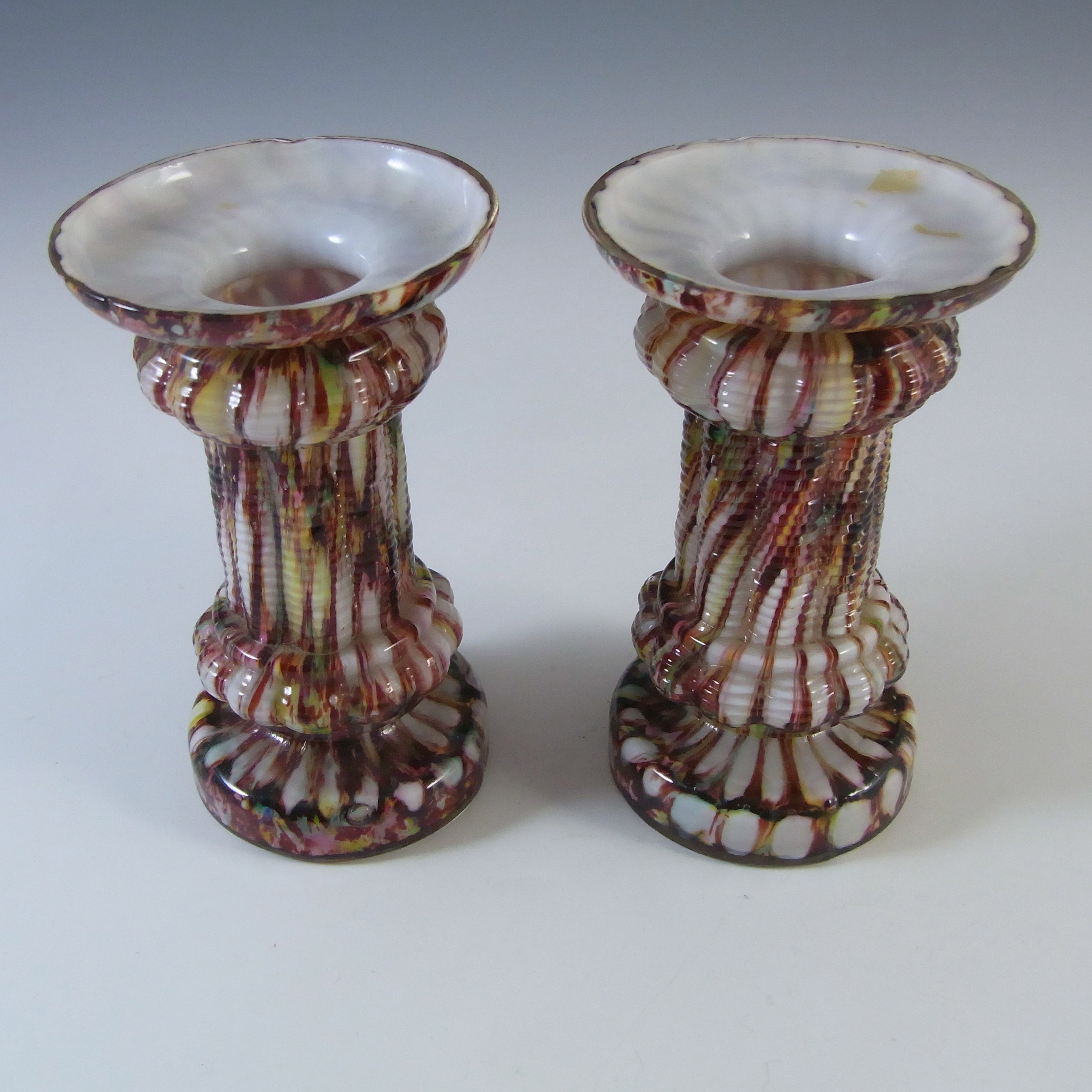 Pair of Welz Bohemian Honeycomb Spatter Glass Candlesticks - Click Image to Close