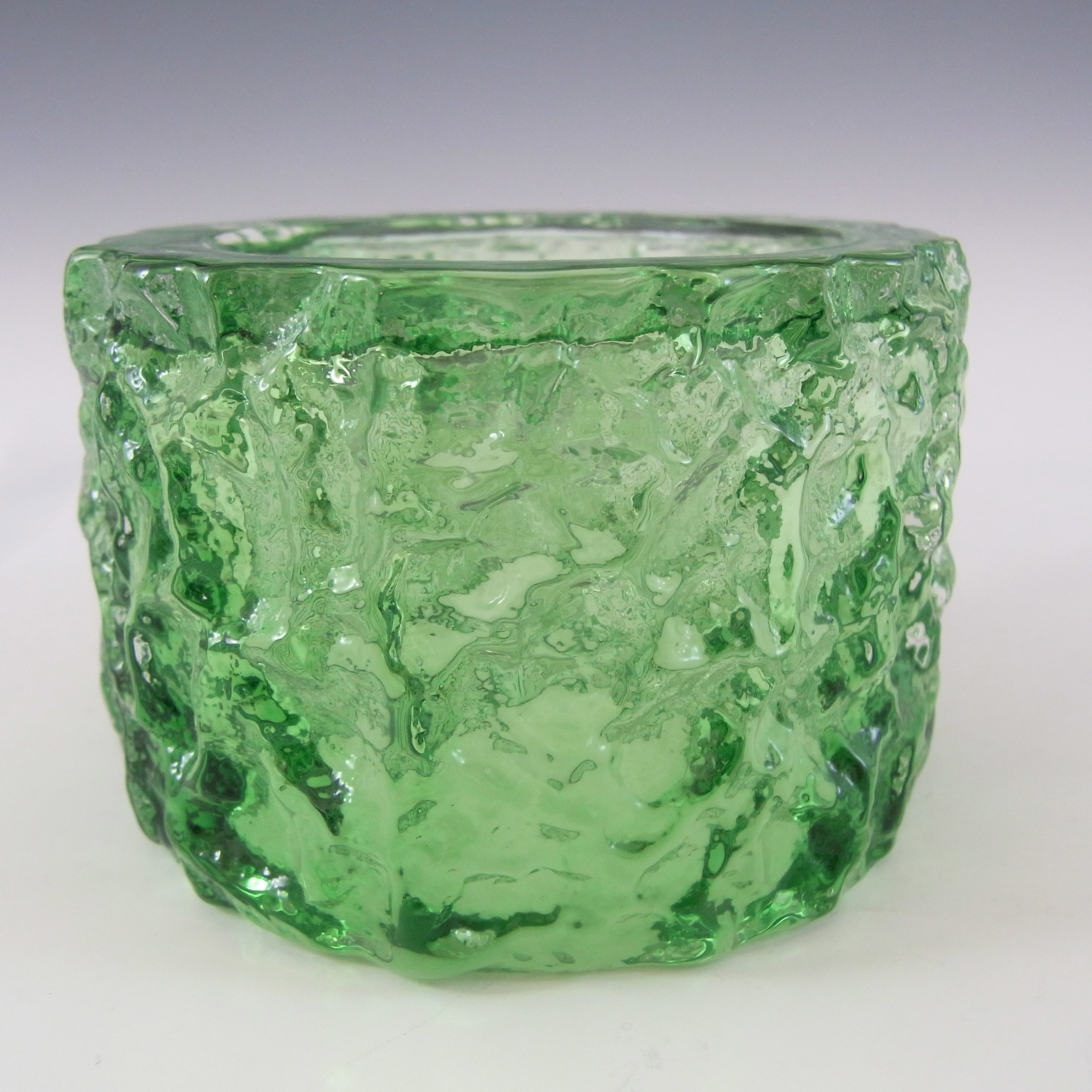 Whitefriars #9733 Baxter Green Glass Textured Bark Candle Holder - Click Image to Close