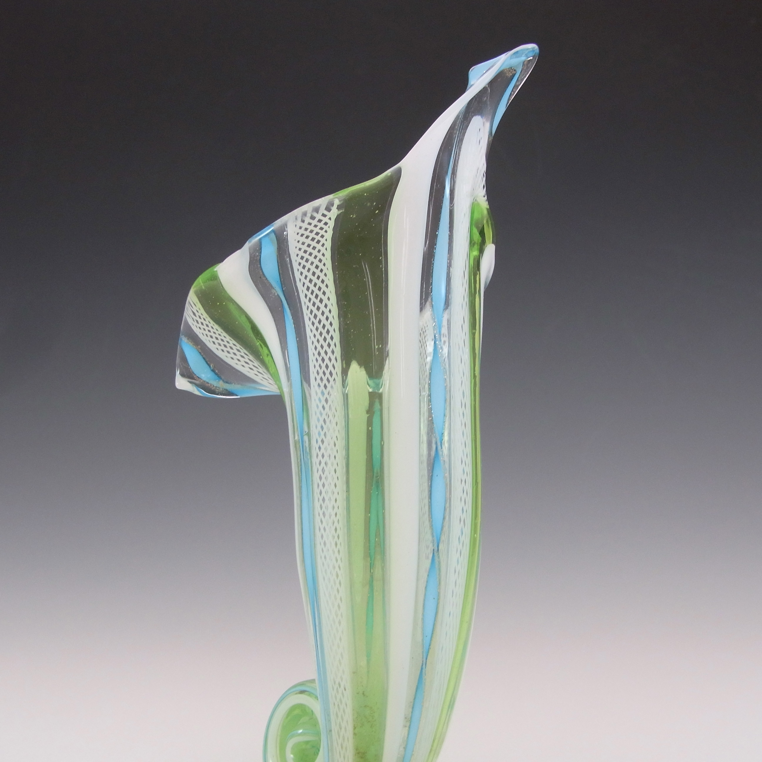 AVEM? Murano Zanfirico Blue, Green & White Glass Cornucopia Shell Vase - Click Image to Close