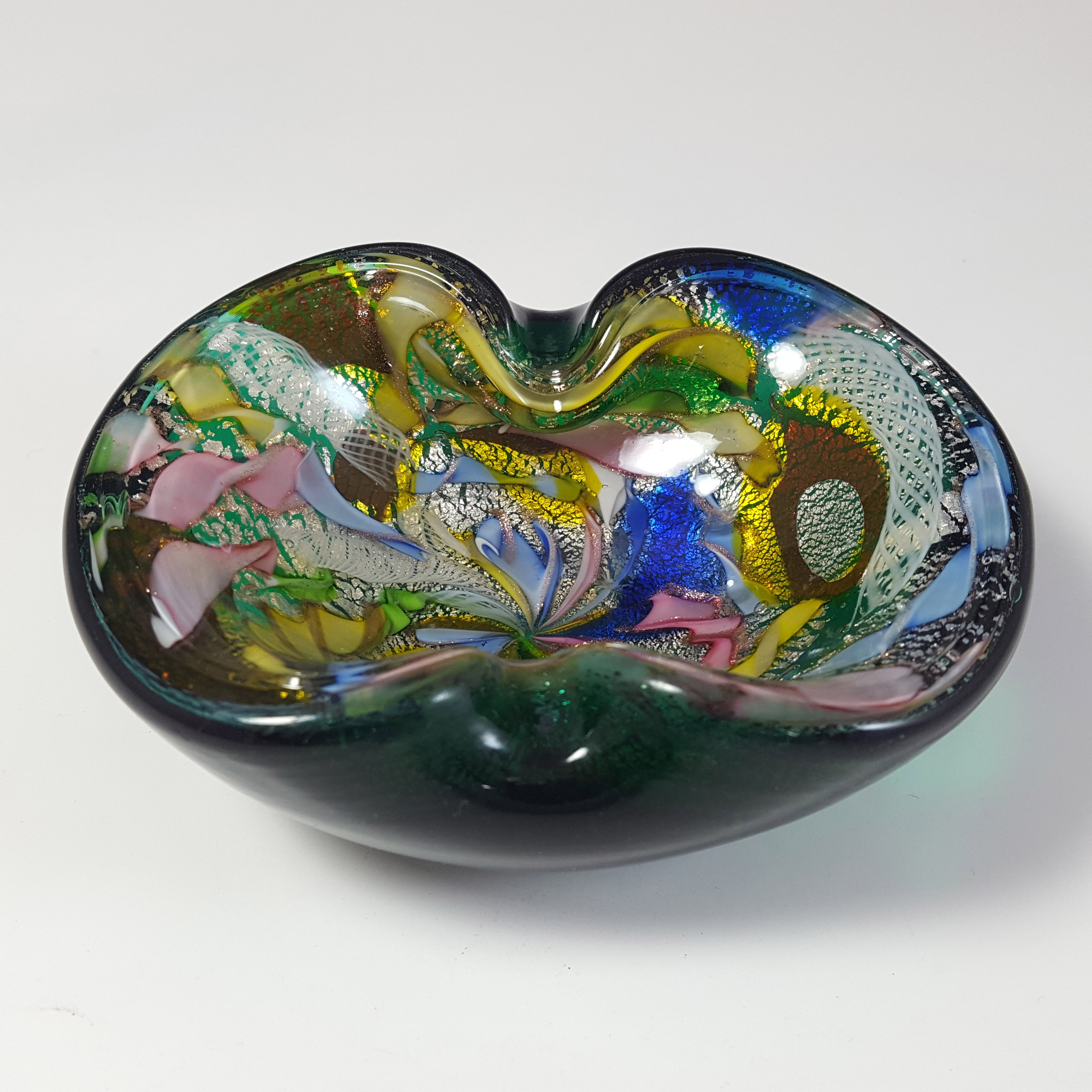 (image for) AVEM Murano Zanfirico Bizantino / Tutti Frutti Green Glass Bowl - Click Image to Close