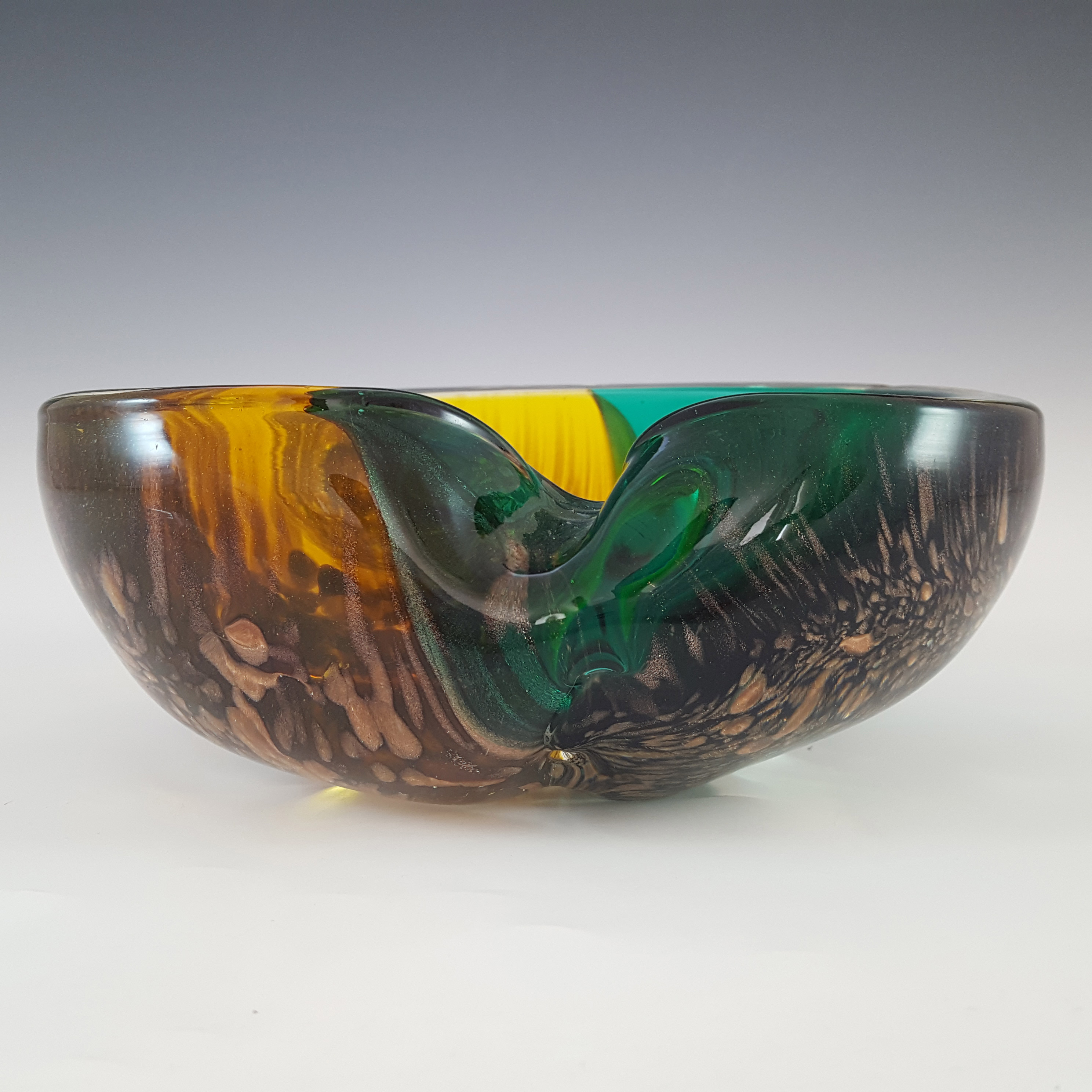 (image for) Murano Green, Yellow & Copper Aventurine Glass Bowl / Ashtray - Click Image to Close
