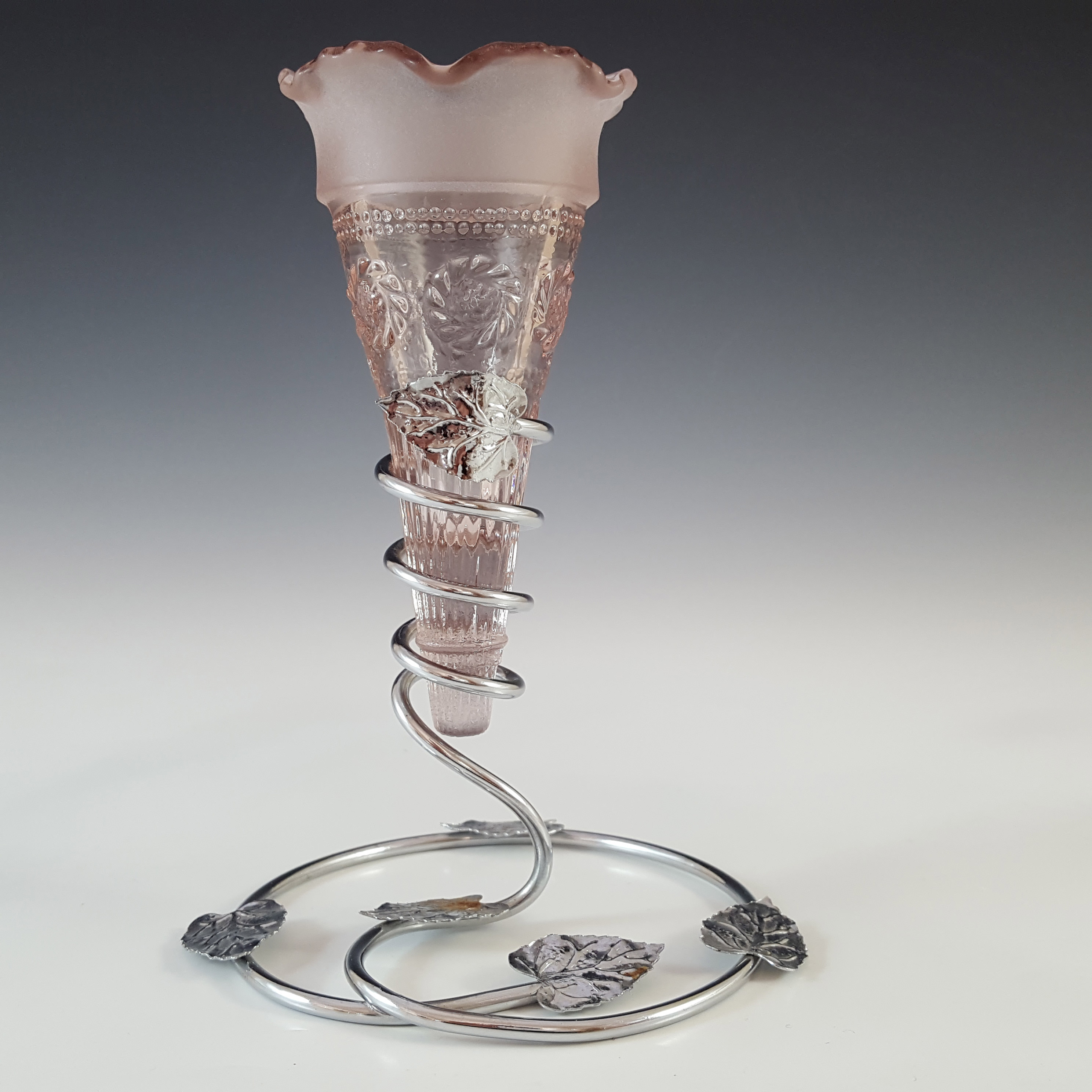 (image for) Bagley #3187 Pair of Art Deco Pink Glass & Chrome 'Katherine' Vases - Click Image to Close