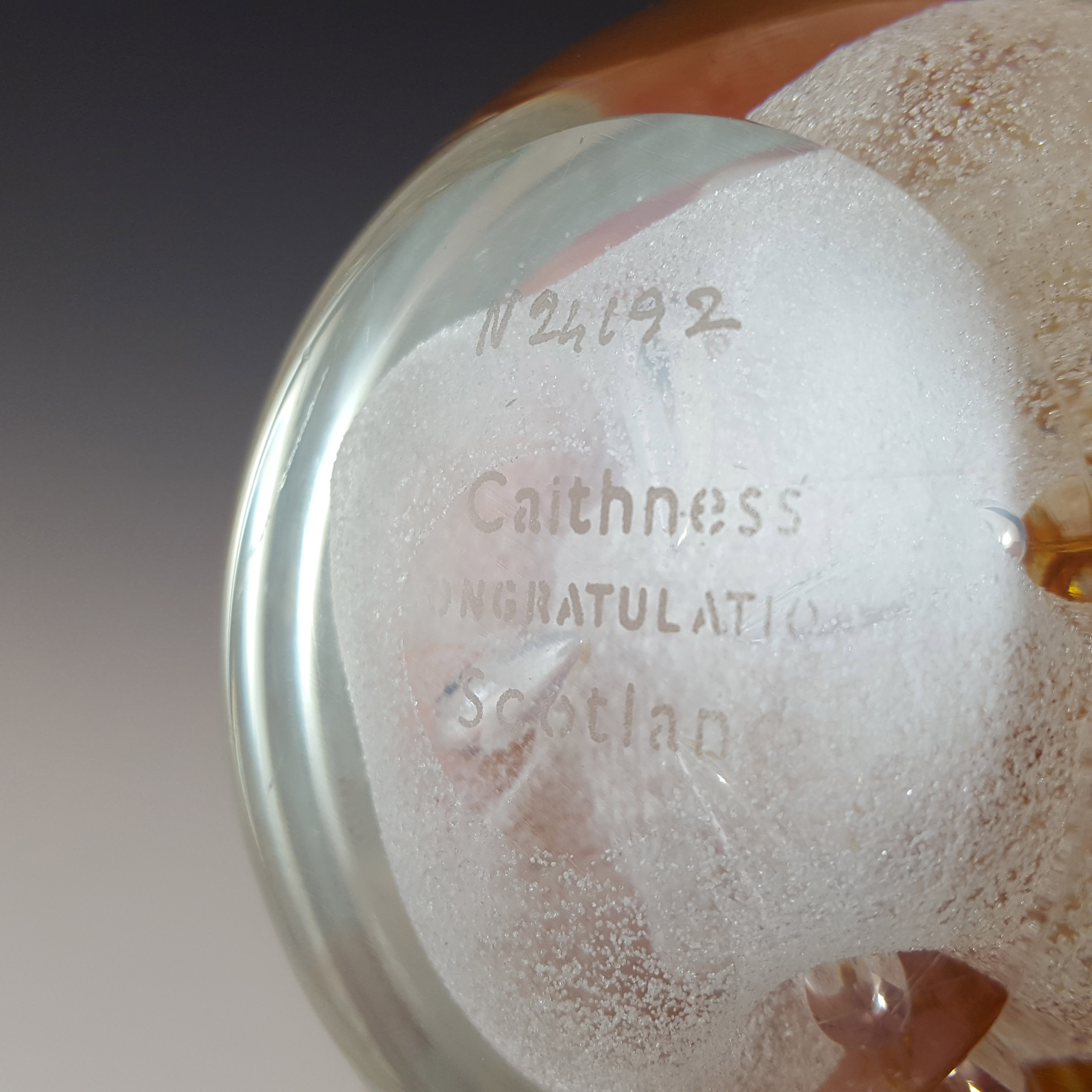 (image for) MARKED Caithness Orange & Clear Glass "Congratulations" Paperweight - Click Image to Close