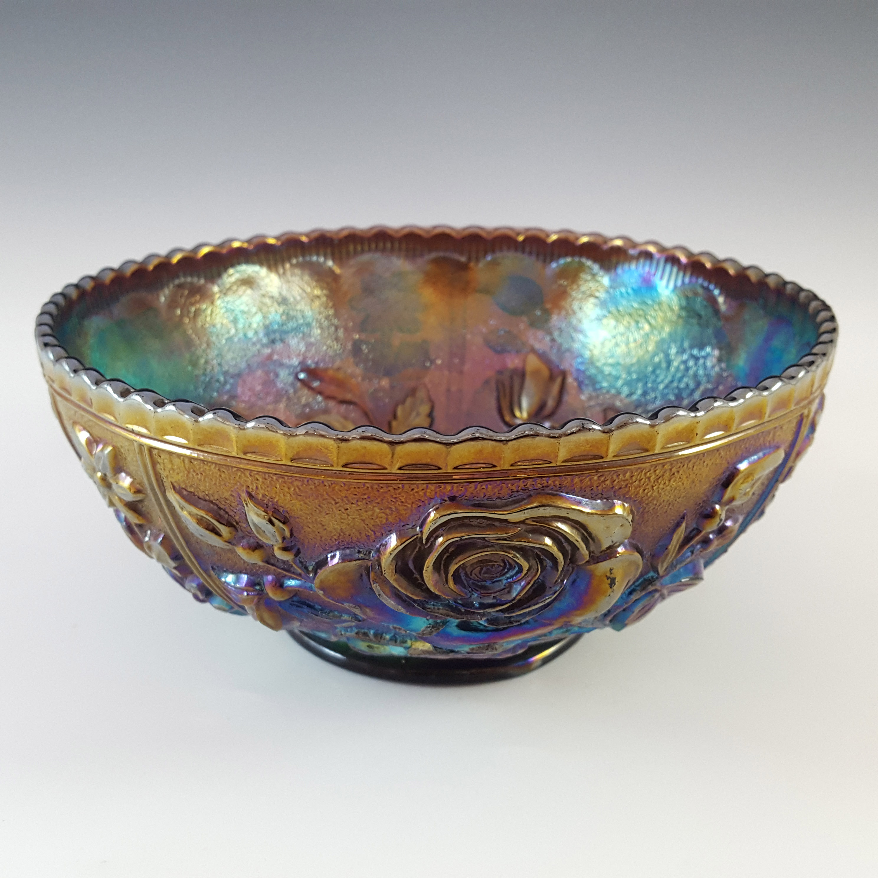 Imperial 'Open Rose' Amethyst Iridescent Carnival Glass Bowl - Click Image to Close