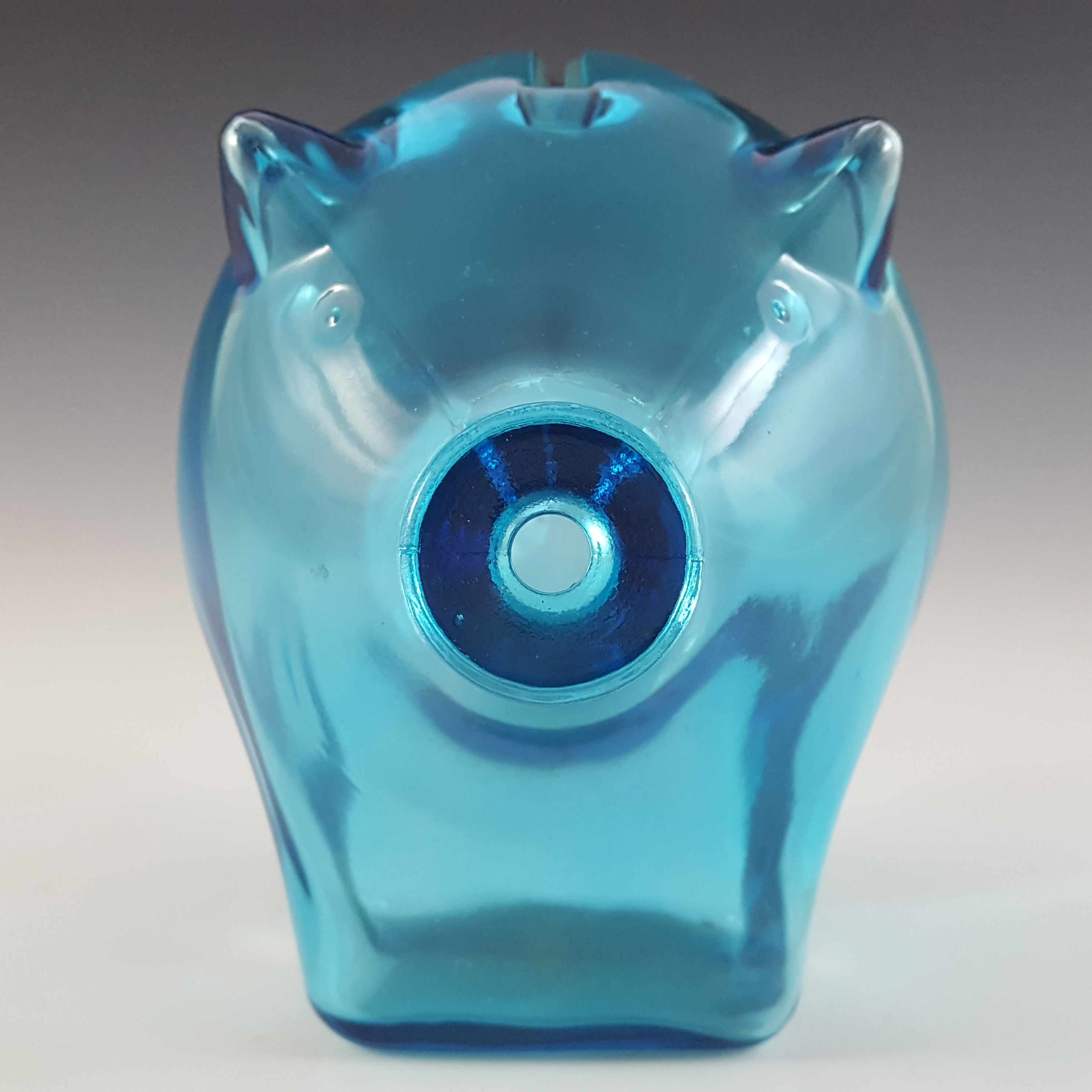 LABELLED Cascade / Wood Bros Blue Glass Piggy Bank / Money Box - Click Image to Close