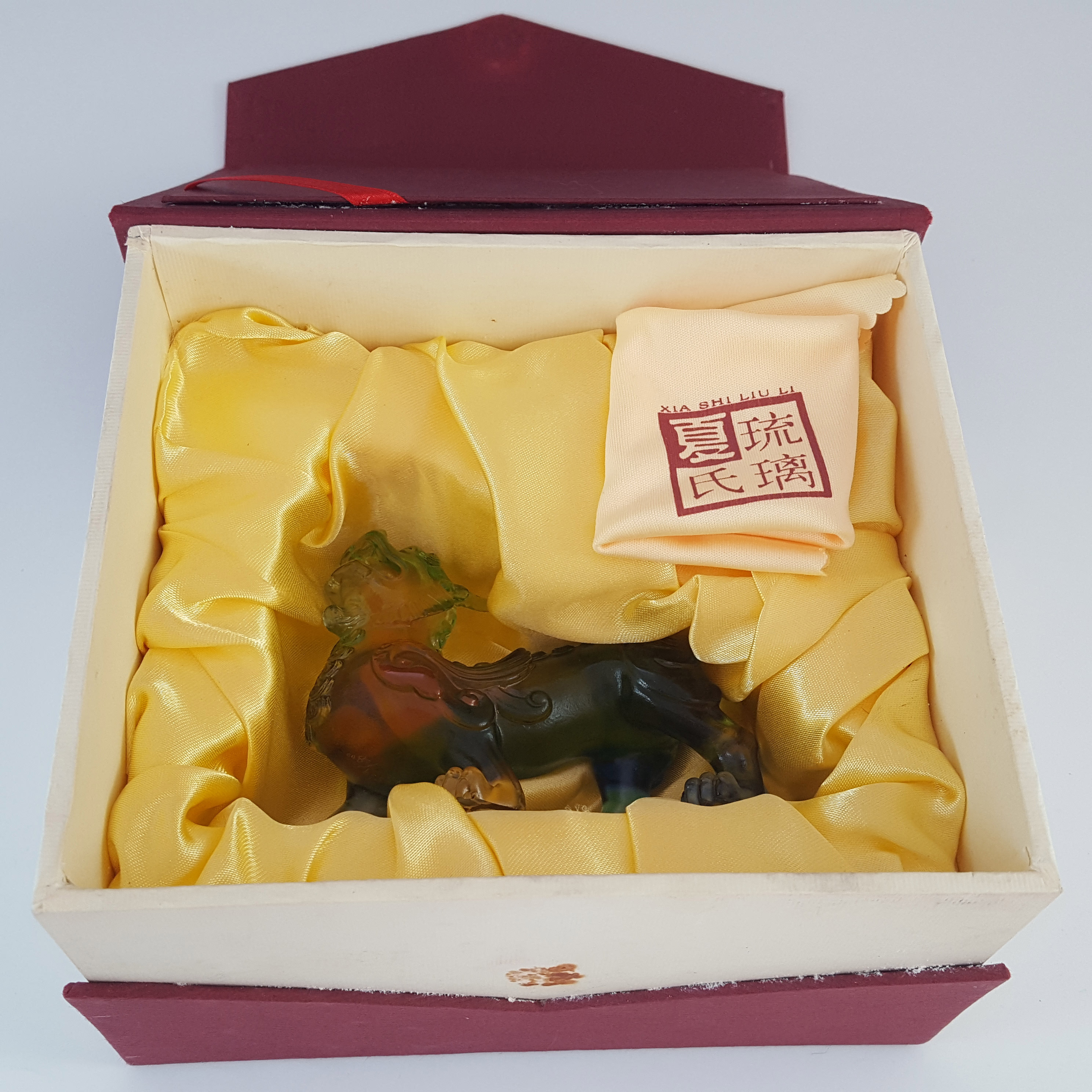 BOXED & MARKED Xia Shi Liu Li Chinese Glass Pâte de Verre Dragon Sculpture - Click Image to Close
