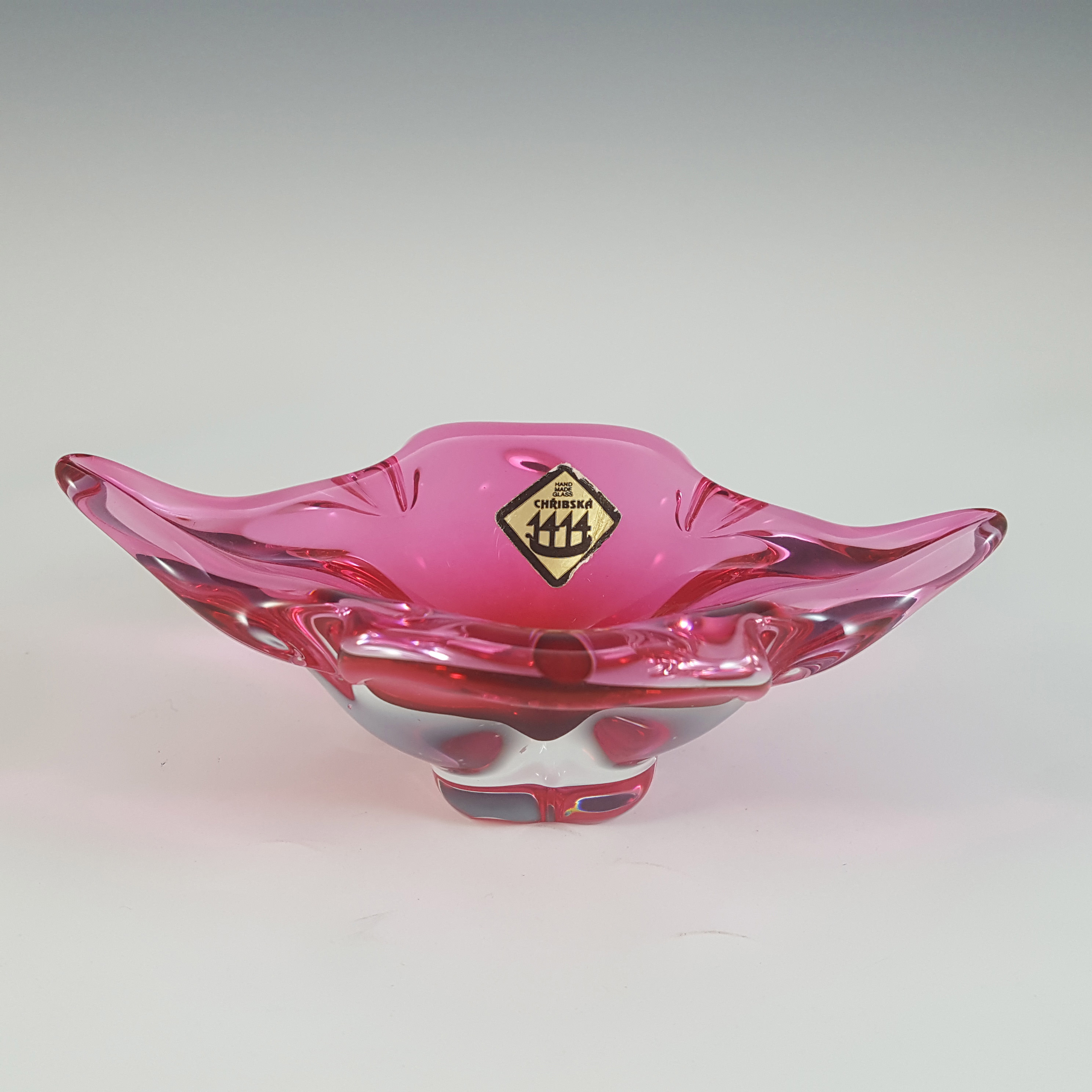 LABELLED Chřibská #296/2/13 Czech Pink & Clear Glass Bowl - Click Image to Close