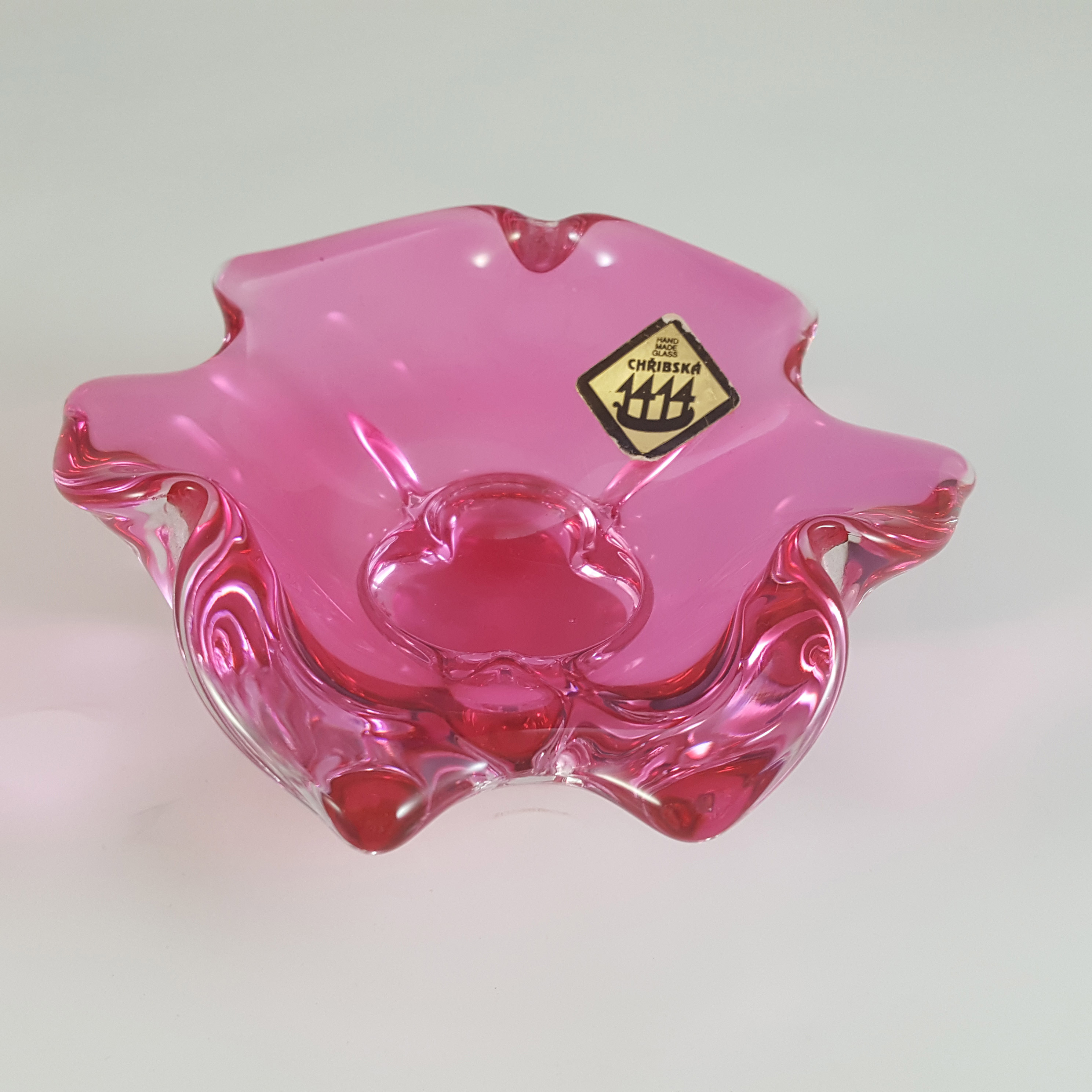 Chřibská #331/2/9 Czech Pink & Clear Glass Bowl - Labelled - Click Image to Close