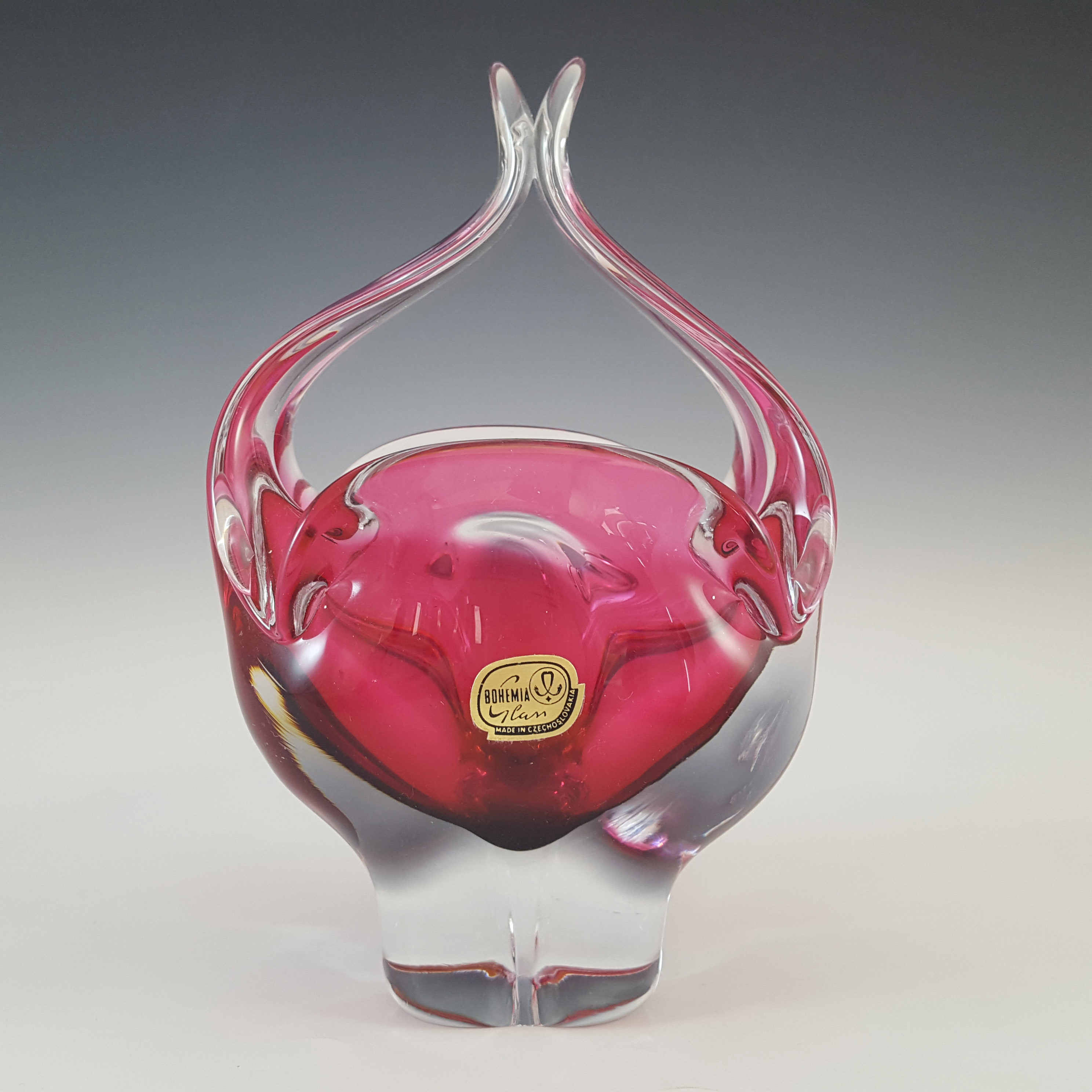 (image for) BOXED Chřibská Czech Pink & Orange Glass Basket Bowl - Click Image to Close