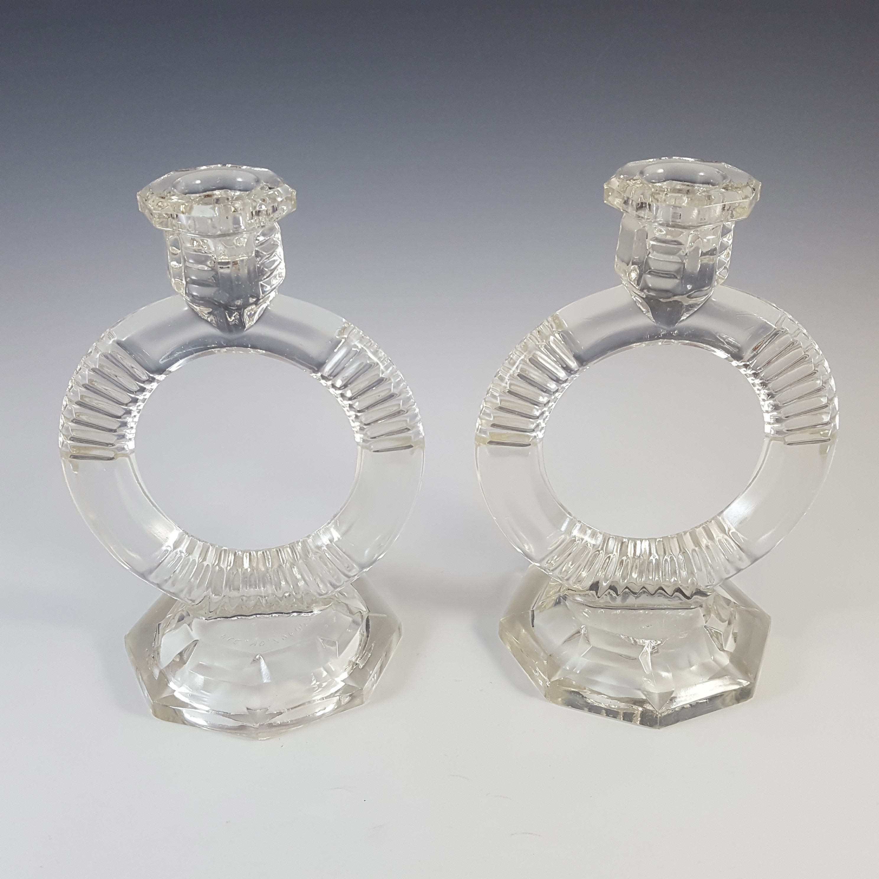 (image for) Libochovice #1691 Czech Art Deco Clear Glass Candlesticks - Click Image to Close