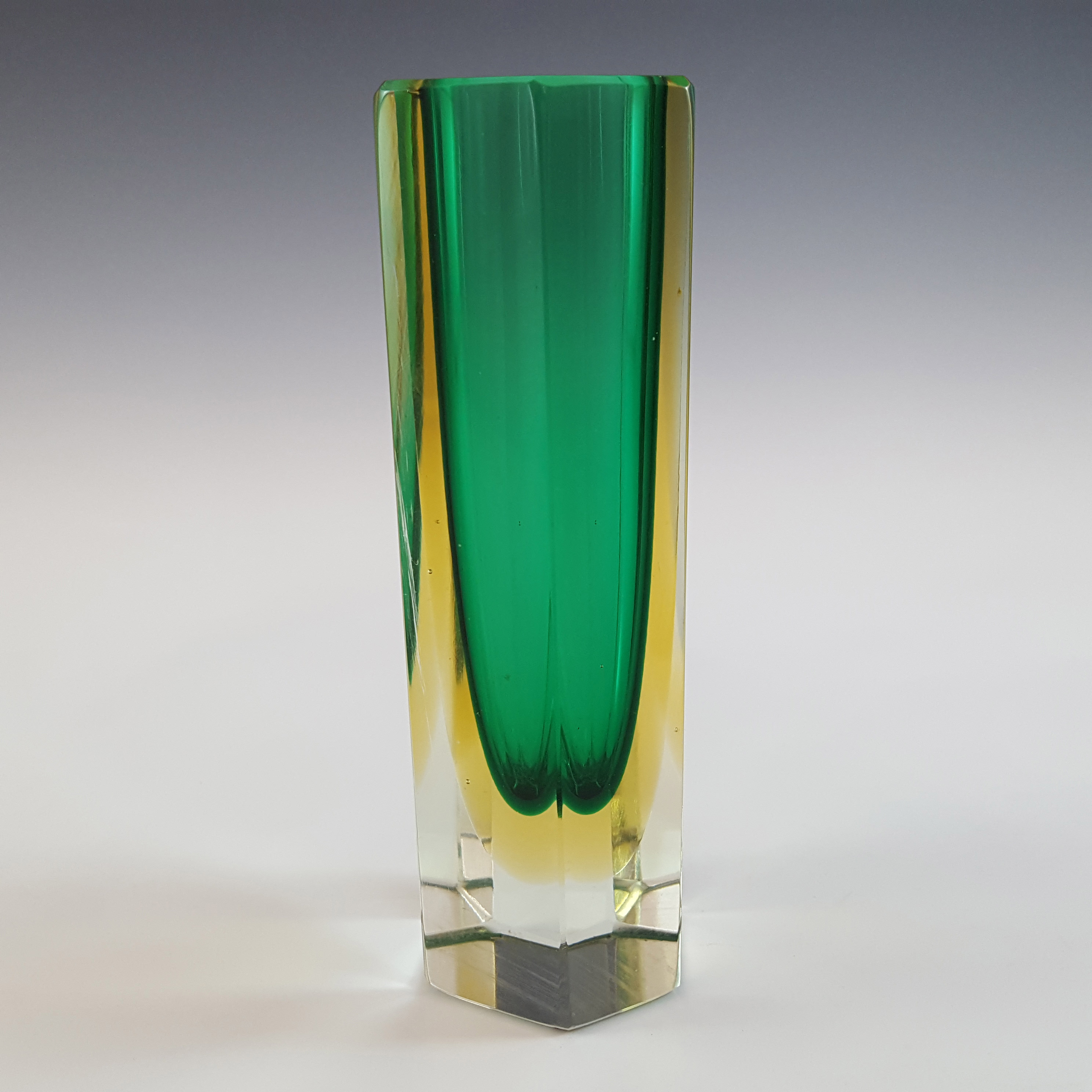 (image for) Murano Faceted Green & Amber Sommerso Glass Block Vase - Click Image to Close