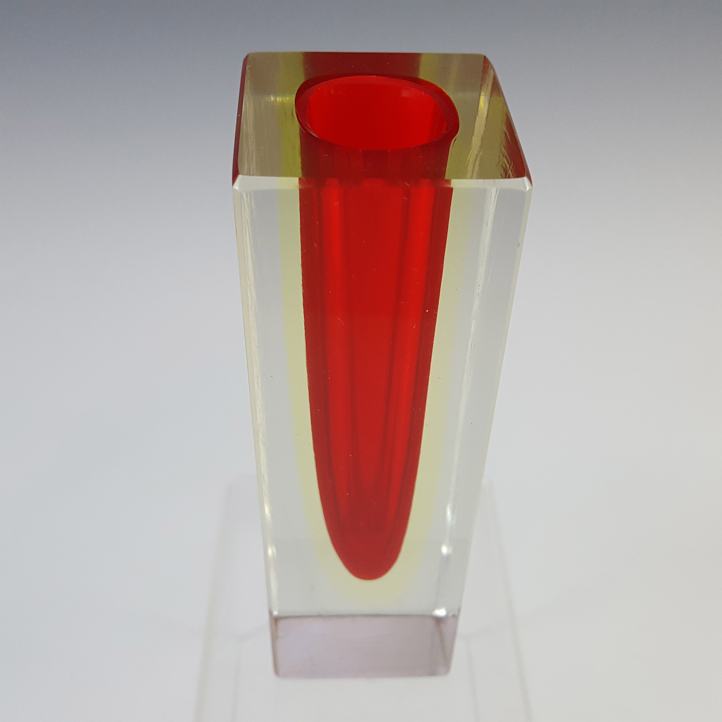 (image for) Murano Faceted Red & Uranium Yellow Sommerso Glass Block Vase - Click Image to Close