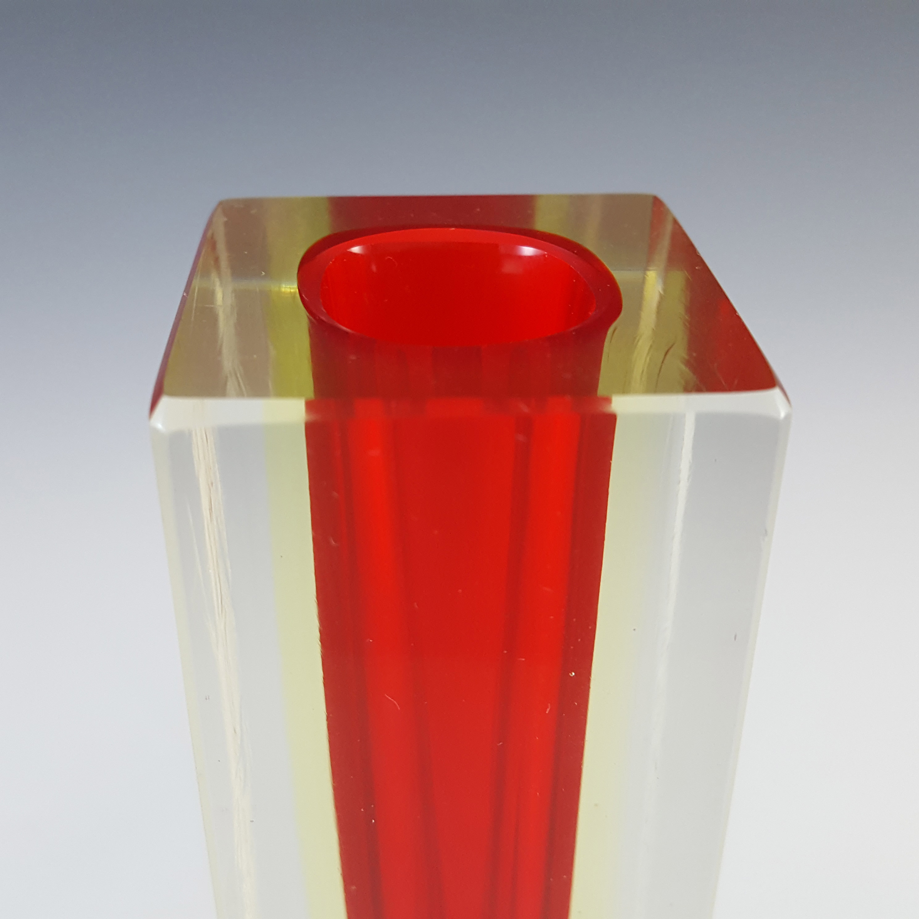 (image for) Murano Faceted Red & Uranium Yellow Sommerso Glass Block Vase - Click Image to Close