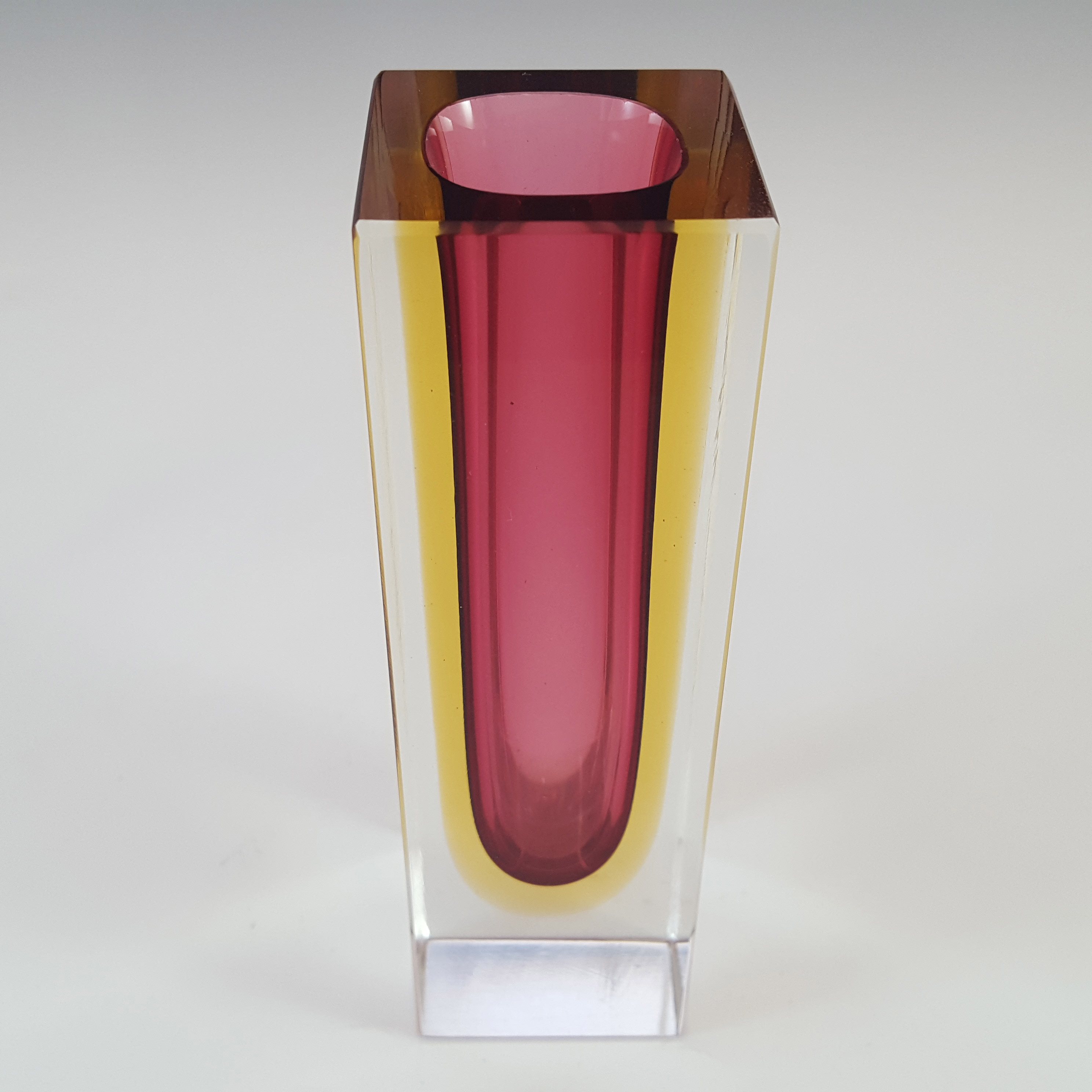 (image for) Murano Faceted Pink & Amber Sommerso Glass Block Vase - Click Image to Close