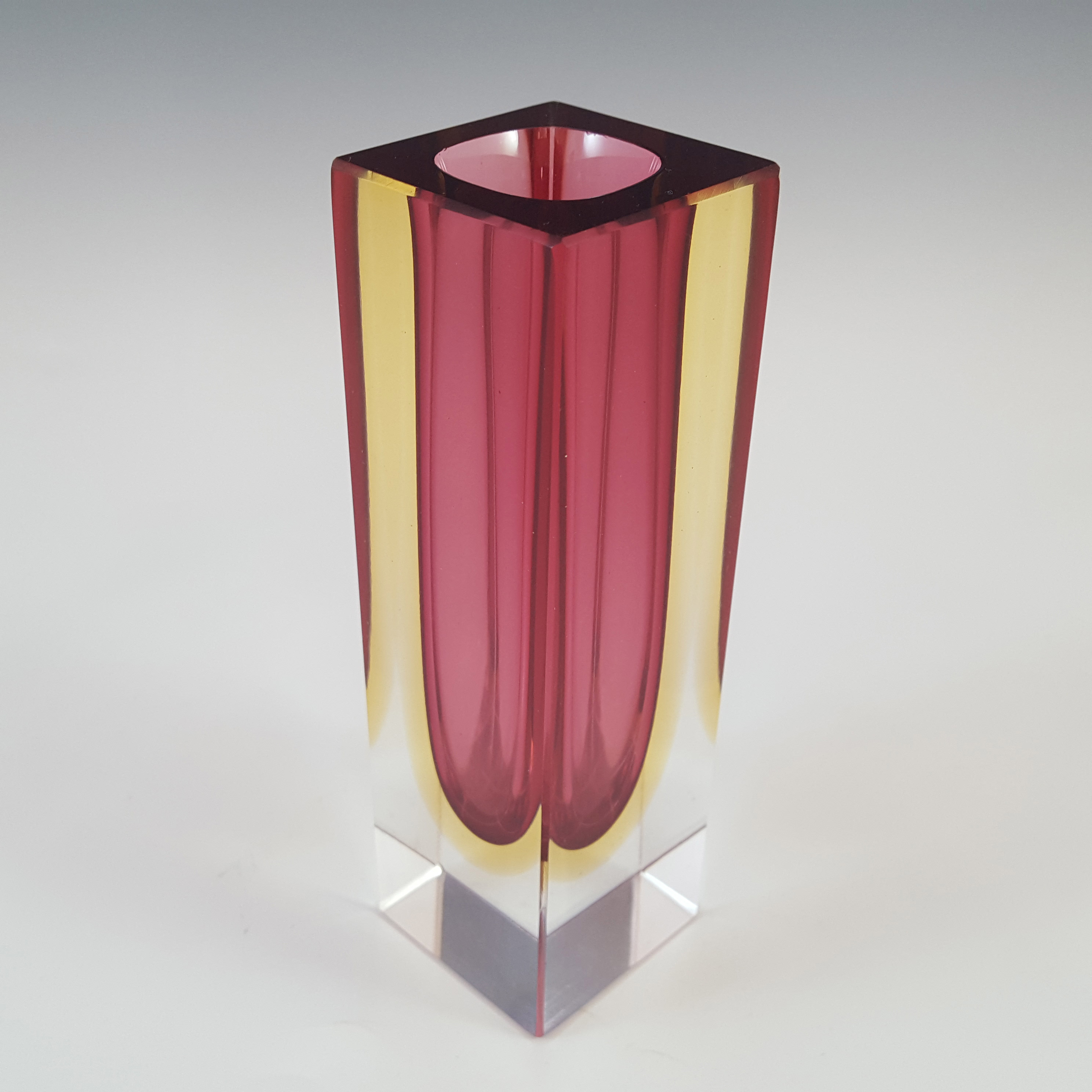 (image for) Murano Faceted Pink & Amber Sommerso Glass Block Vase - Click Image to Close