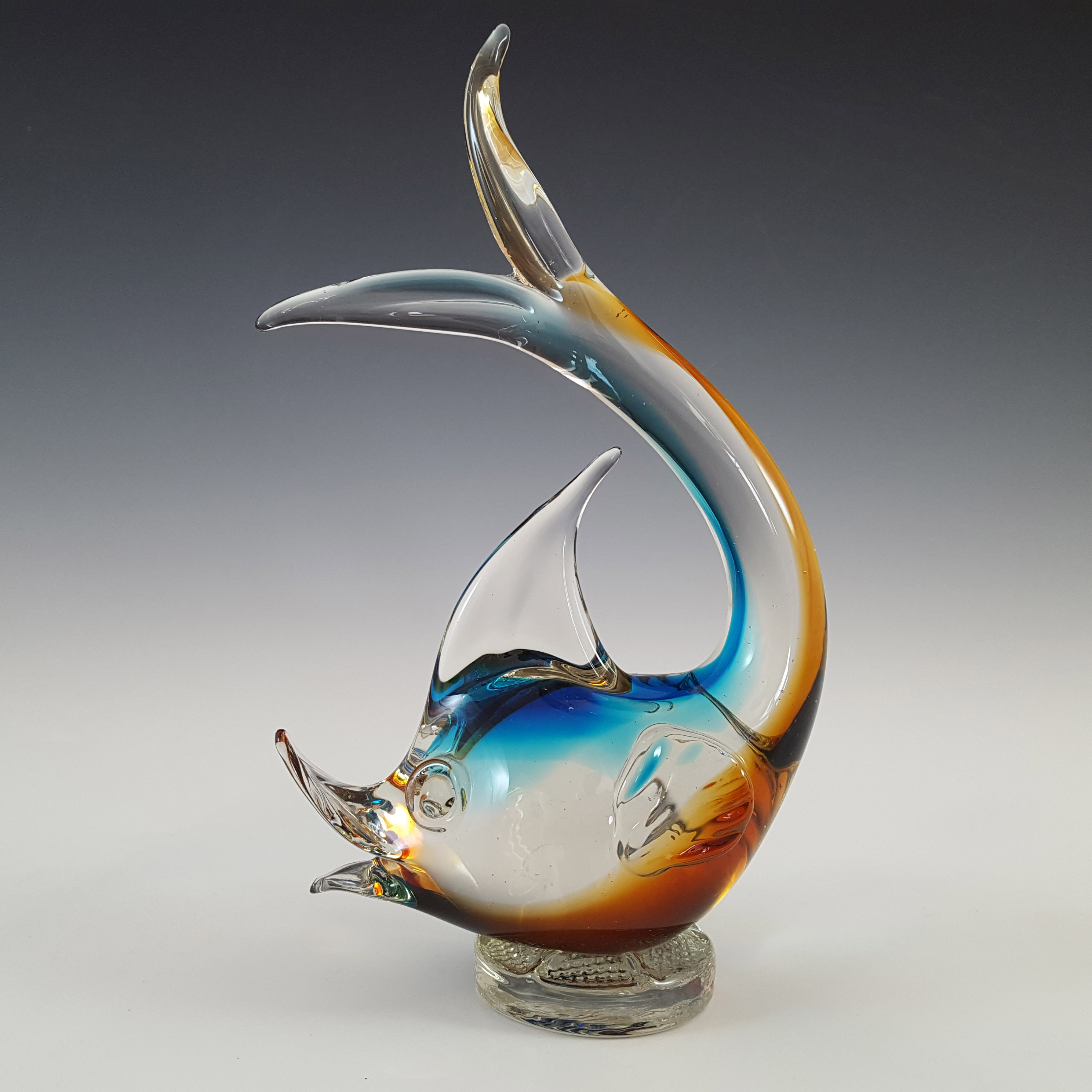 (image for) Murano Vintage Amber & Blue Venetian Glass Fish Sculpture - Click Image to Close